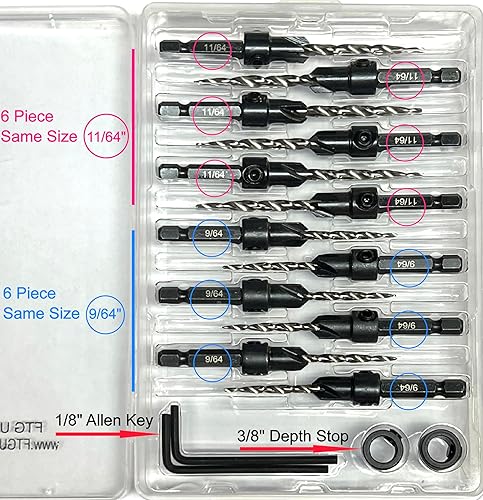 Miniatura 4 de FTG USA Juego de 6 brocas avellanadoras #6 (964 pulgadas), 6 piezas #8 (1164 pulgadas), broca cónica para trabajar la madera, broca avellanadora