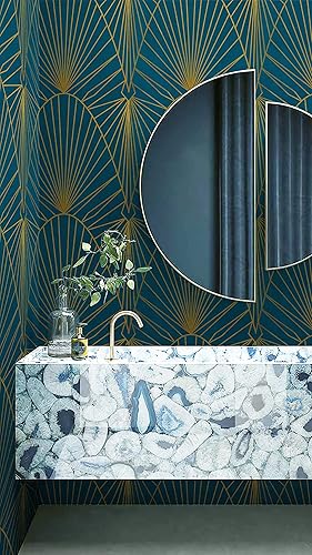 Miniatura 5 de Yasinet Papel tapiz azul para despegar y pegar, papel tapiz azul y dorado, papel de contacto geométrico moderno con rayas doradas, papel de pared