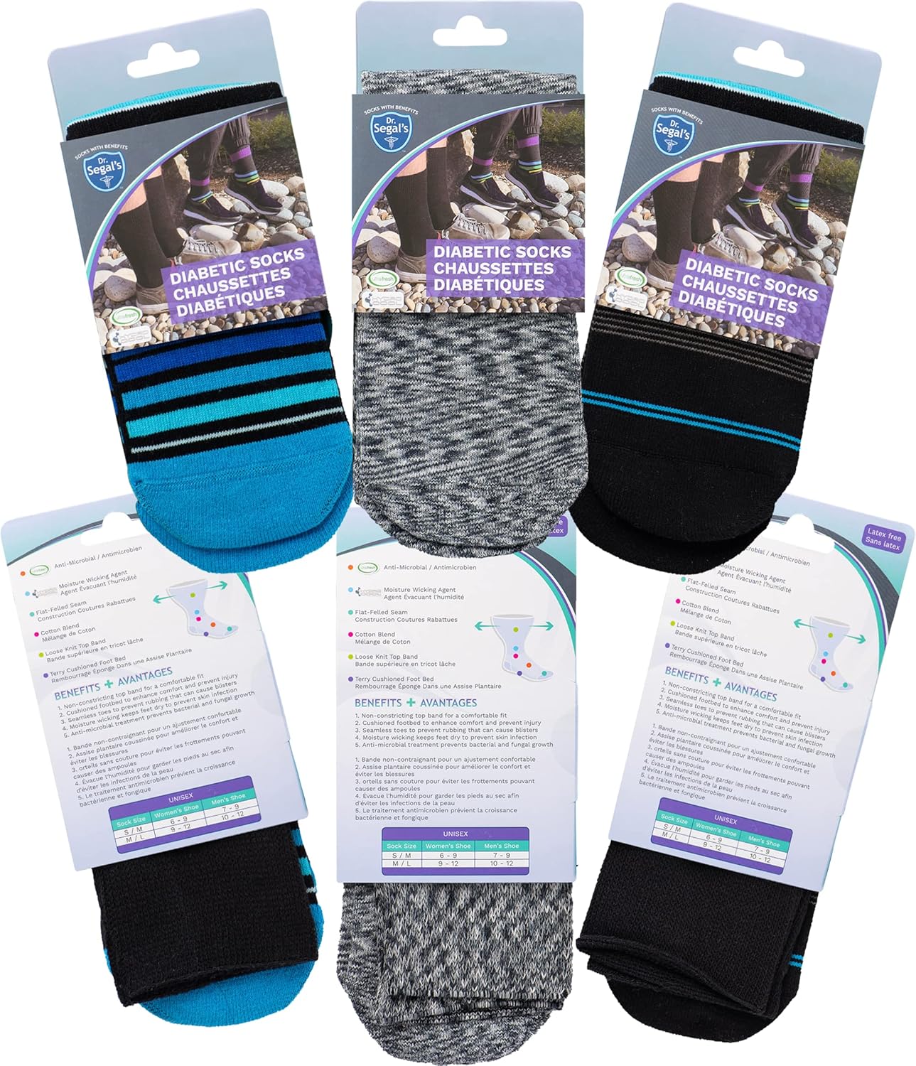 Dr. Segal's Non Binding Socks - 3pk M/L - Blue Stripe, Black Stripe, Space Grey