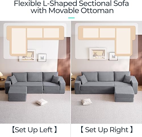 Miniatura 6 de LINSY HOME Sofá cama convertible con 2 almohadas y otomana, sofá modular en forma de L, sofás plegables de pana, sofá de compresión para sala