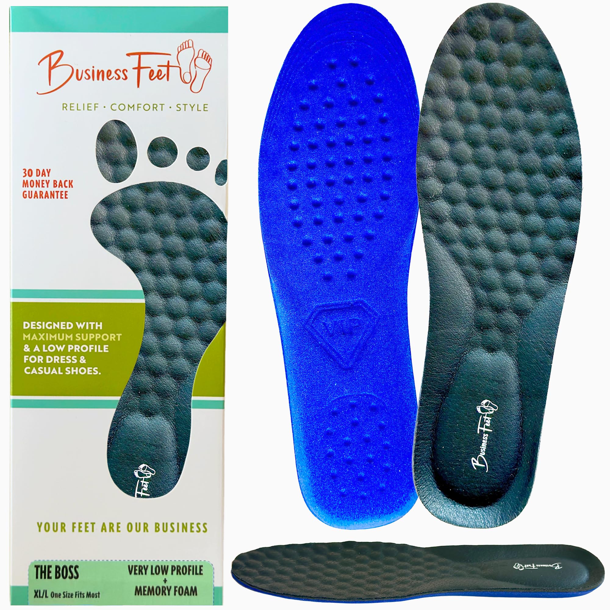 The Boss! Thin Insoles Leather + Memory Foam with Arch Support Designed by Business Feet® for Minimal Crowding in Dress Shoes & Casual Shoes Foot Pain Relief - Size M/S (Mens 6.5-8.5, Womens 6-9.5)