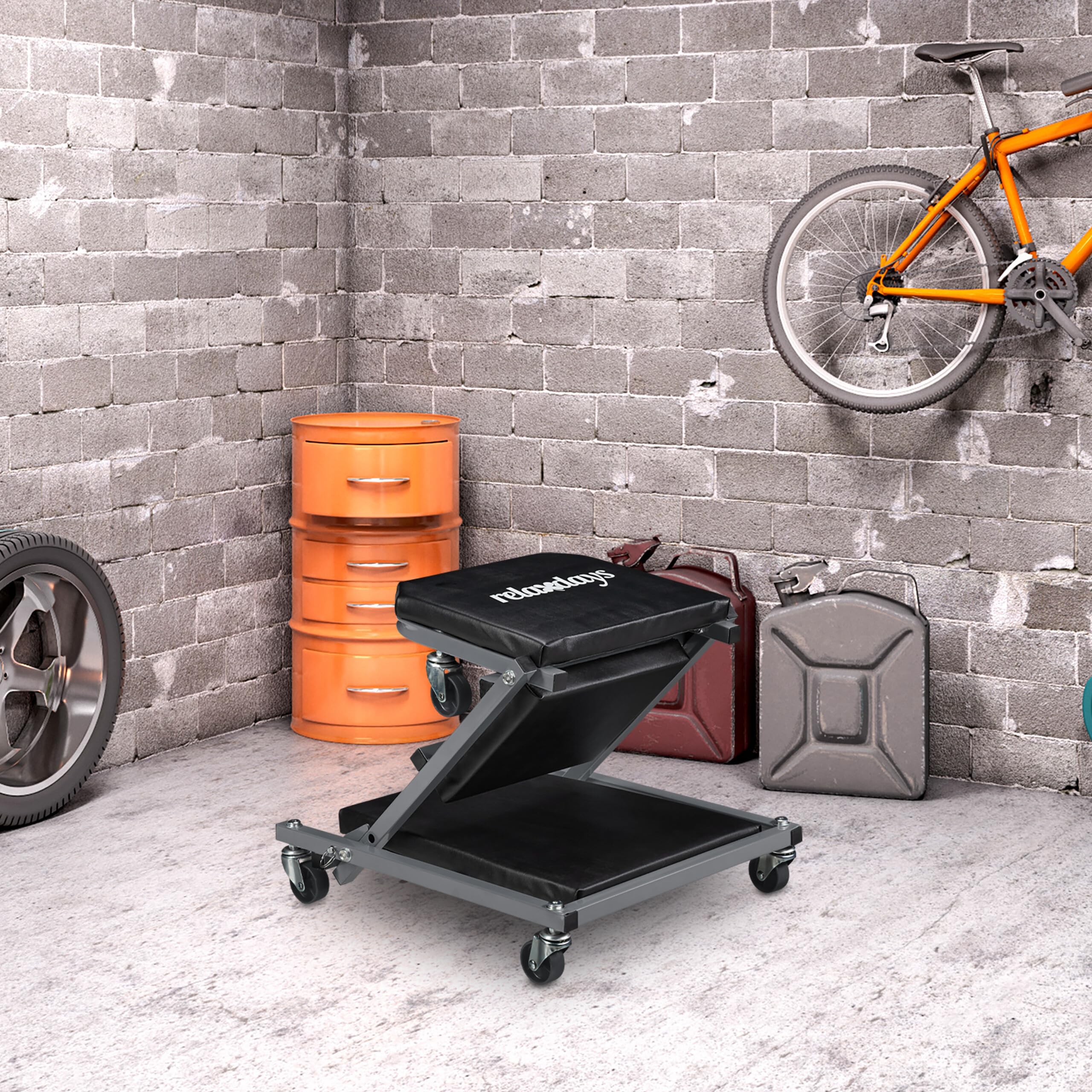 Relaxdays Tabouret d'atelier 2 en 1, Chariot de mécanicien, Pliable, Roues pivotantes à 360°, Garage, Acier, Noir/Gris