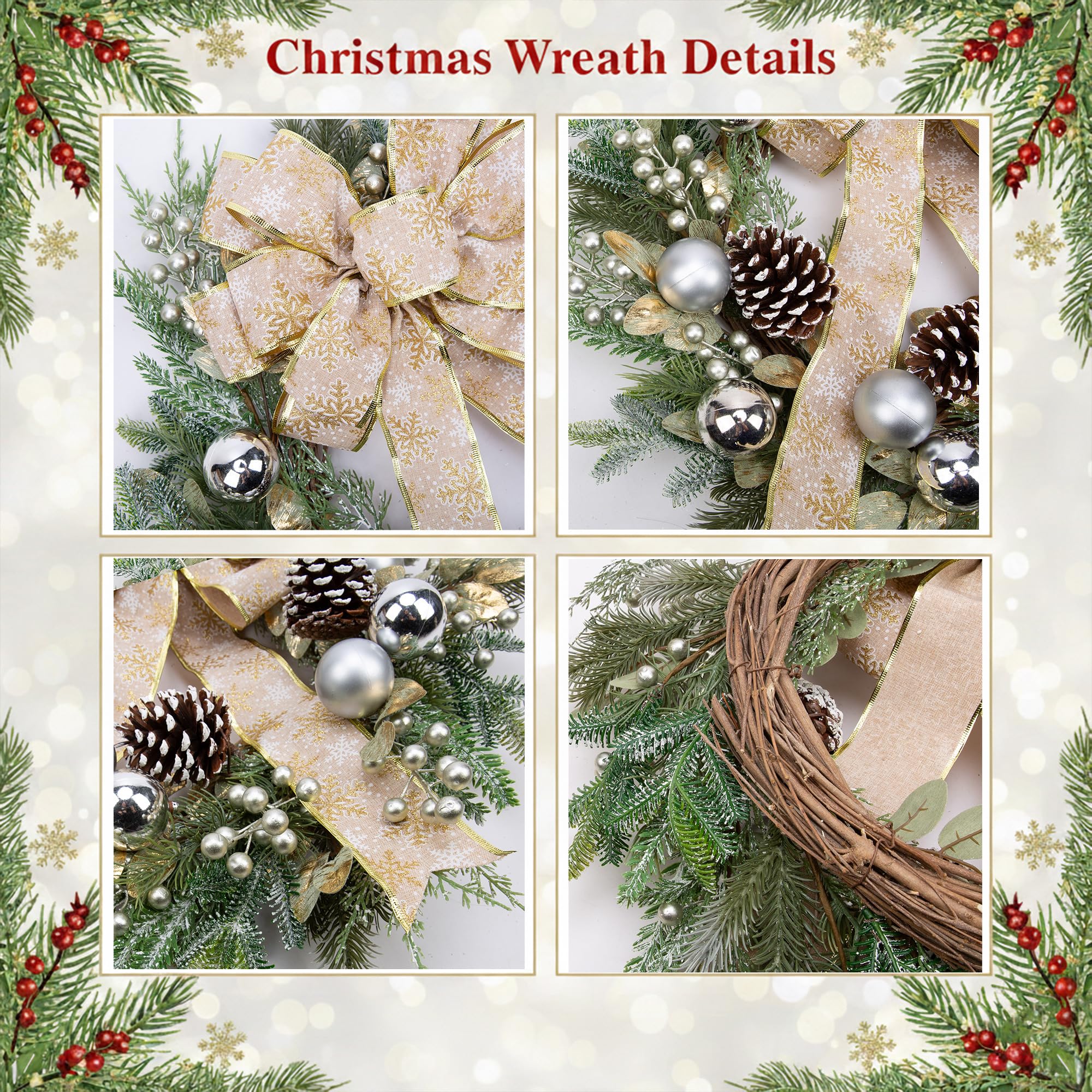 Couronne de Noël de 61 cm pour porte d'entrée avec lumières, nœud doré, couronne d'hiver, boules de Noël, pommes de pin, aiguilles de pin pour mur, maison, vacances, décoration de Noël