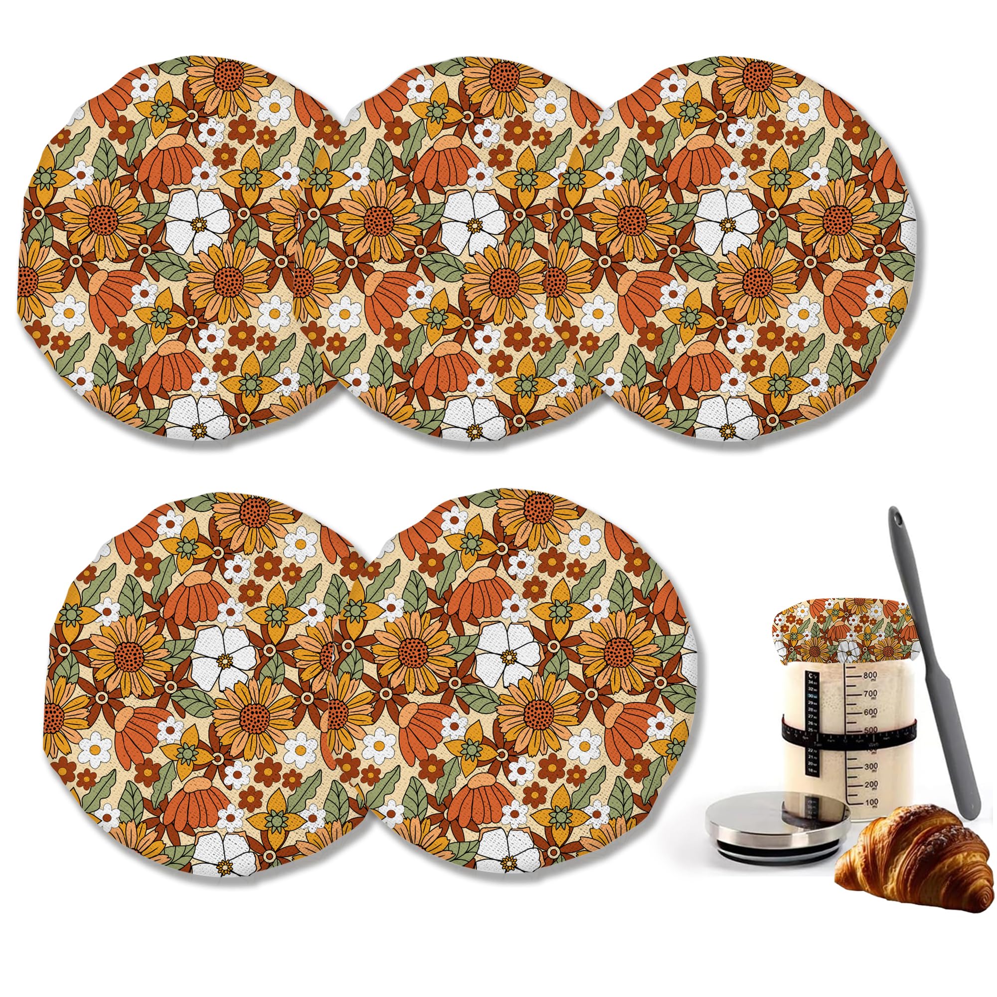 70s Retro Floral Sourdough Starter Jar Cloth Covers，5 Pack Kit Stretchy Cloth Bowl Lids Fits Jar Mouth Ranging 3"- 4" Inches