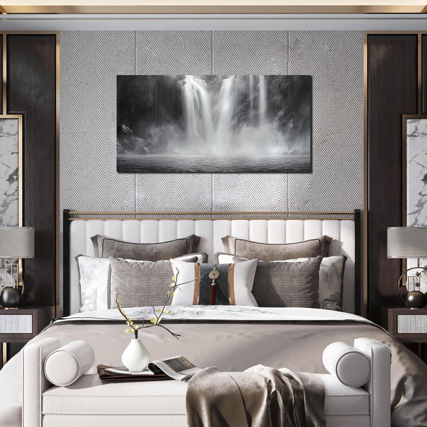 Waterfall Wall Pictures for Living Room - Black and White Landscape Wall Art for Office - Modern Abstract Canvas Wall Art for Bedroom Size 20" x 40"