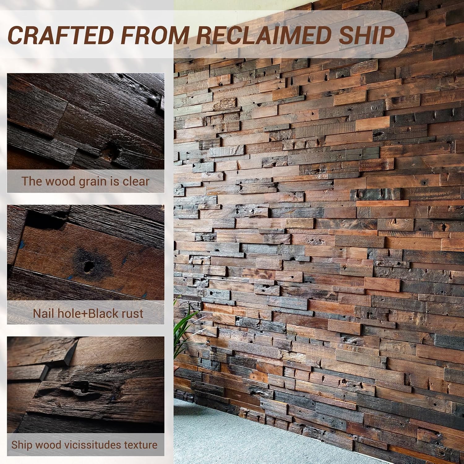 DQQWood 3D Reclaimed Ship Wood Wall Panel Decor .Driftwood Interior Wood Grain Decoration. Raw Color. Textured Designed. Accent Boat Wood Mosaic Wall Tile image 2