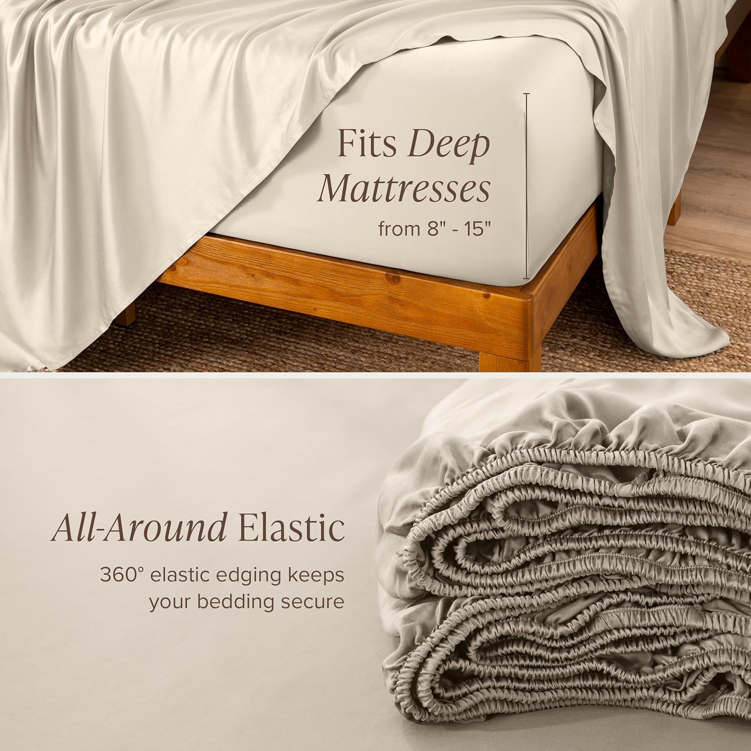 Bare Home 100% Rayon Made from Bamboo Split Head Flex King Sheet Set - 4 Piece Bedding Set - Deep Pockets - Breathable - Easy Fit - Bedding Sheets & Pillowcases (Split Head Flex King, Sand)