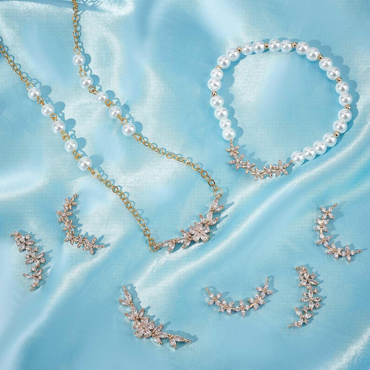 Beebeecraft 8Pcs 4 Styles Cubic Zirconia Links Plum Blossom Flower Connector Charms Floral Bracelet Necklace Connector for DIY Jewelry Making