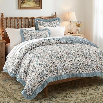 HORIMOTE HOME Ruffled Floral Quilt Set Twin Size, Blue Cottage Shabby Chic Botanical Coverlets, Soft Microfiber Lightweight Reversible Bedspreads for All Season, 2 Pieces Bedding Set