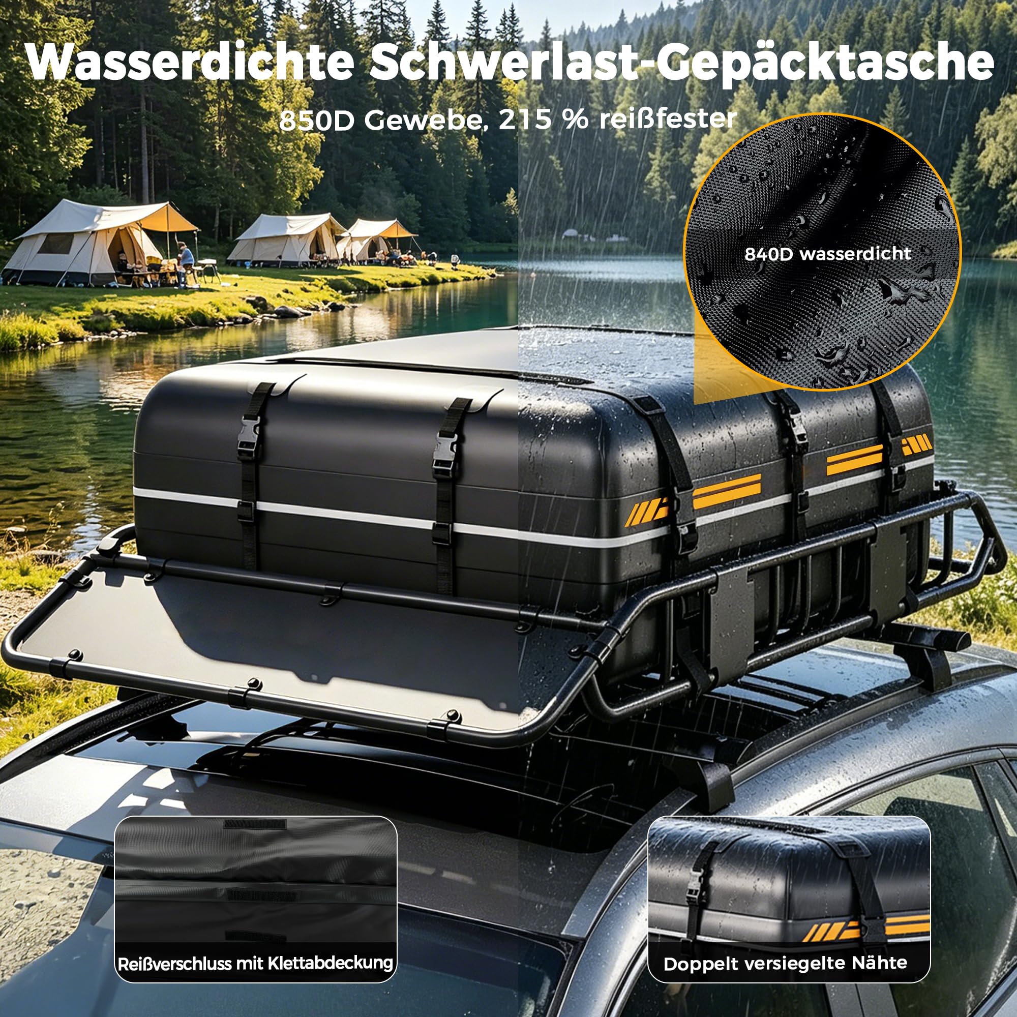 Dachgepäckträger 137 x 86 x 15 cm mit wasserdichter Dachtasche 425L | 90kg Tragfähigkeit, Verstellbare Trennstange, Gepäcknetz, Spanngurte & Schlösser, Universal für SUV Pickup Camping