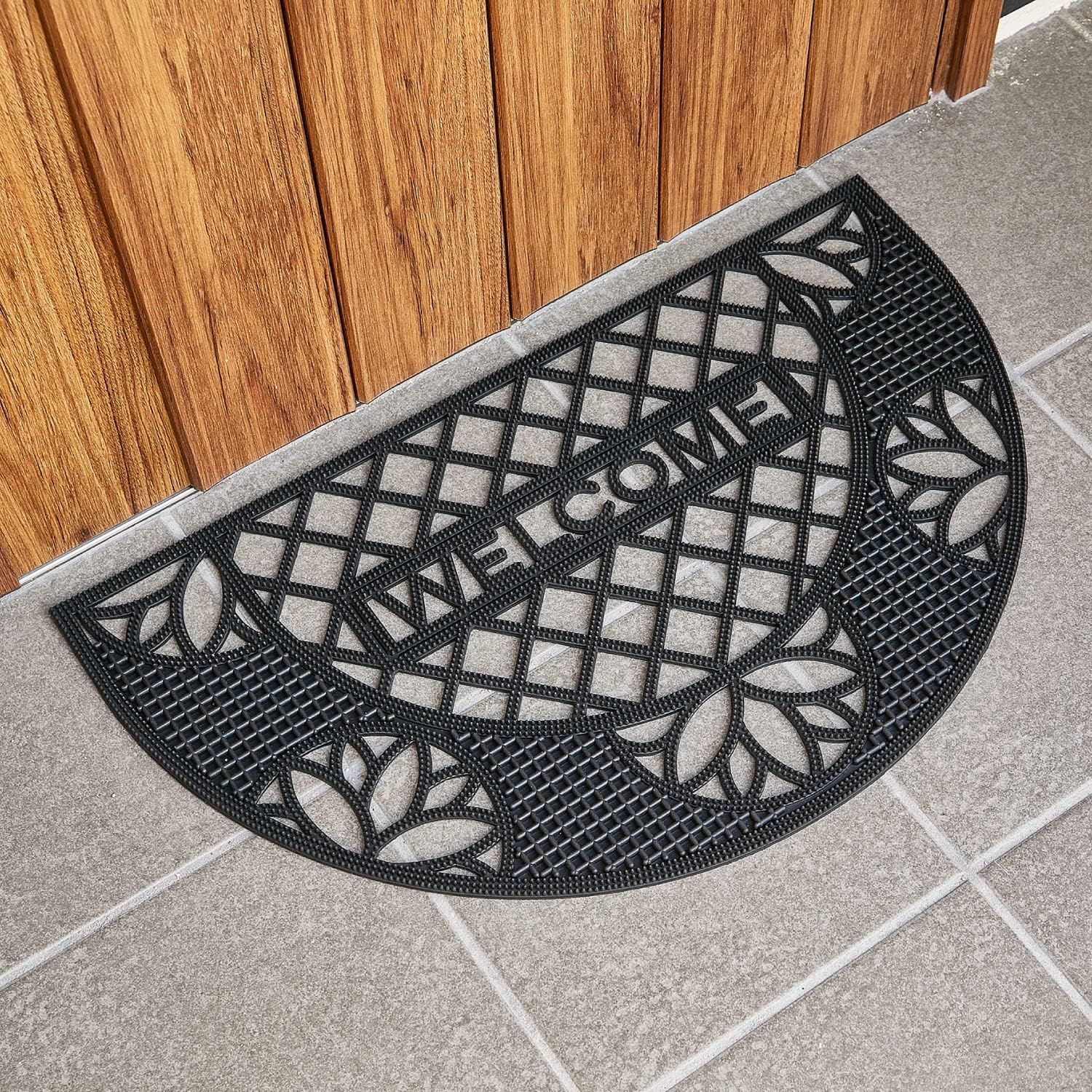 萩原(Hagihara) 玄関マット 屋外 泥落とし 約45X75cm 「CE-11569 半円」 ラバーマット ドアマット 北欧調 ダマスク柄 滑り止め ブラック