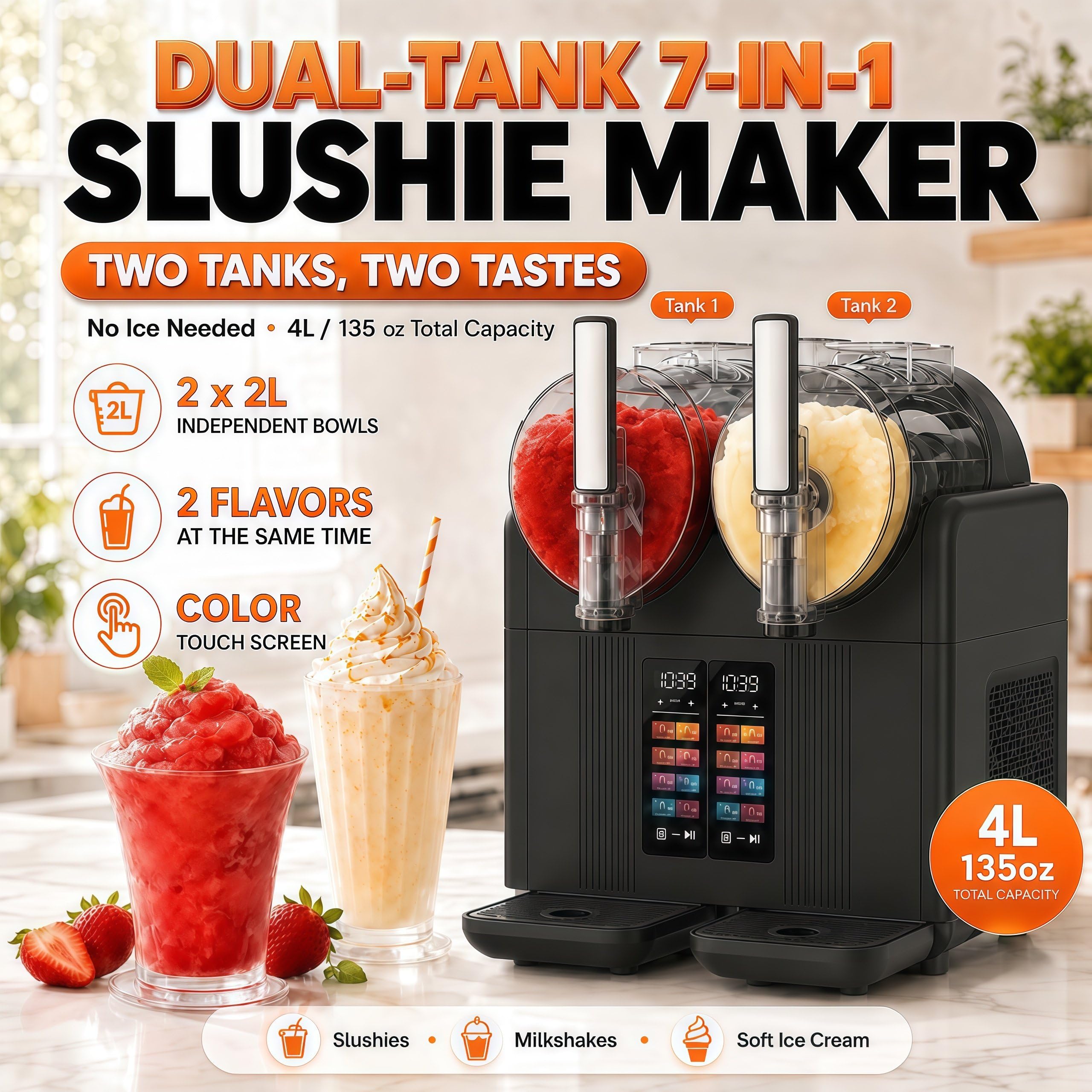 Máquina de Helado Soft y Granizadora Profesional 2 en 1, Máquina de Granizados de 2 Tanques Transparentes con Panel Táctil, Dispensador de Sorbete y Smoothie para Casa y Cafetería Black