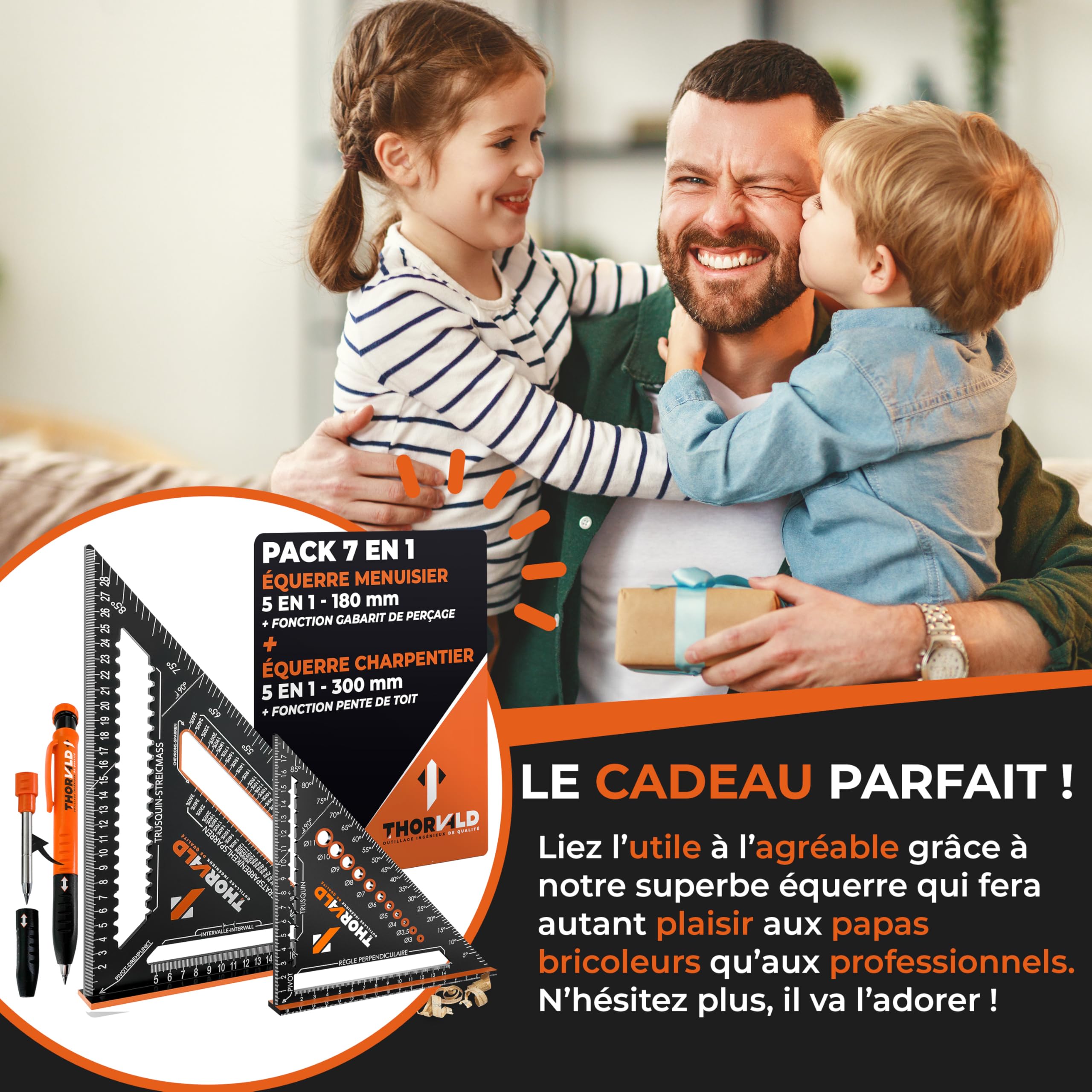 THORVALD Pack 7 en 1 Equerre Menuisier 180 mm + Charpentier 300 mm + Crayon Chantier - Multifonction : Trusquin/Raporteur/Pente de toit/Equerre a chapeau - Aluminium - Outil pour gagner du temps