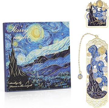 Luxury Metal Bookmark & Book Clip Gift Set, Oil Painting Themed Starry Night, 1 Bookmark with Pendant + 1 Book Clip, Elegant Christmas New Year Gift Box for Women Book Lovers Writers Readers Teens
