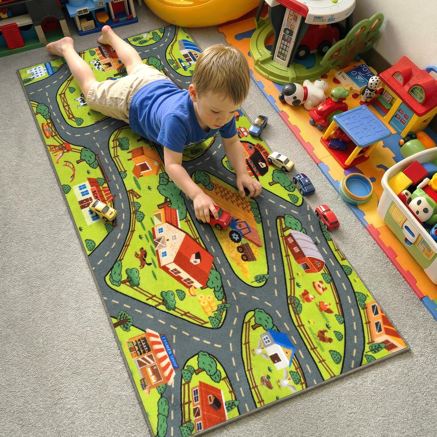 STARUIA 60" x 32" Washable Kids Rug for Playroom, Boys Baby Car Rugs for Kids Toy Cars Have Fun Safely, Educational Farm Road Play Rug Race Track Car Carpets for Kid Room Bedroom Nursery