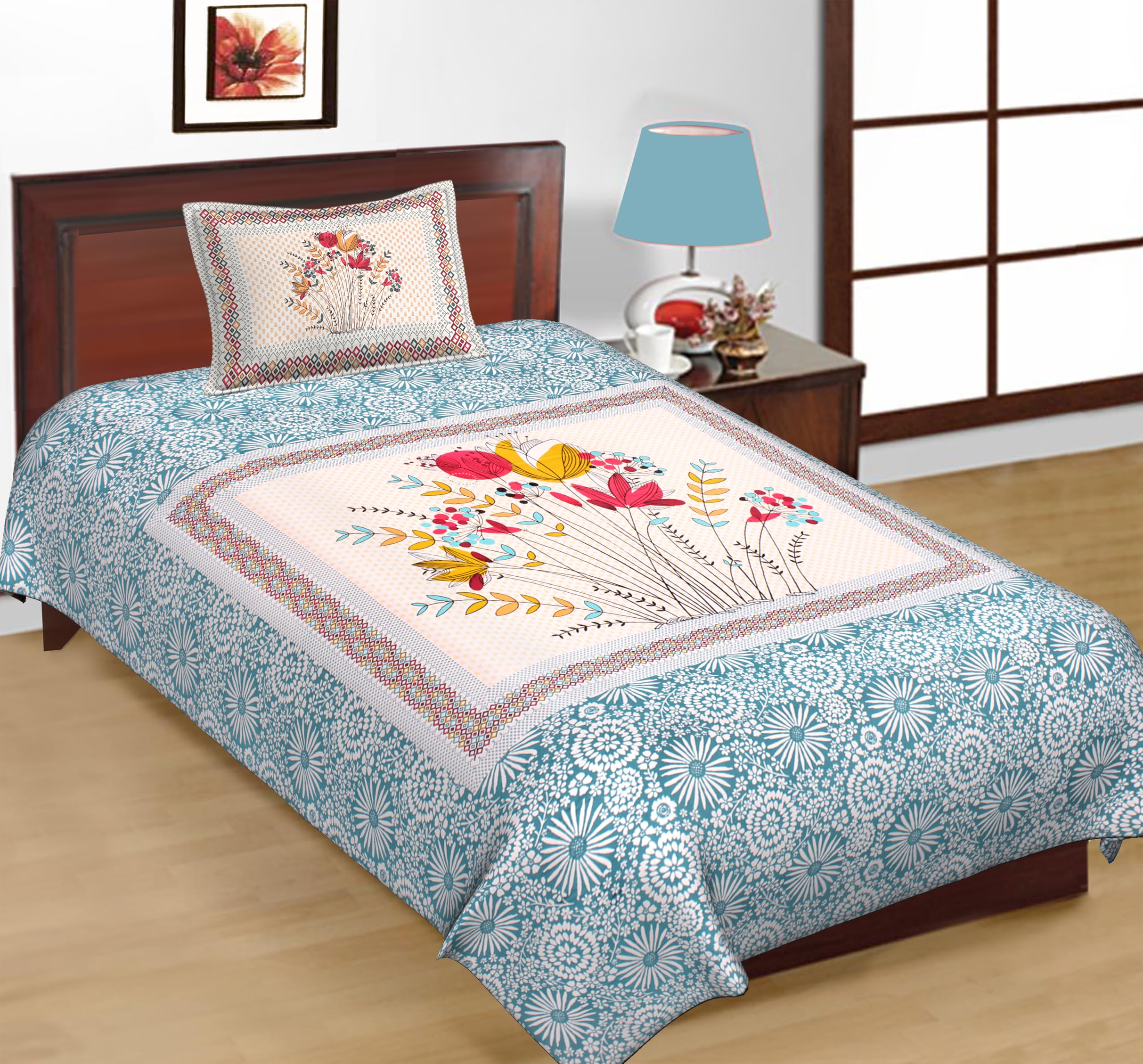 Single Bed Cotton Bedsheet 63x90 Inch with 1 Pillow Cover (Blue_)-image-30