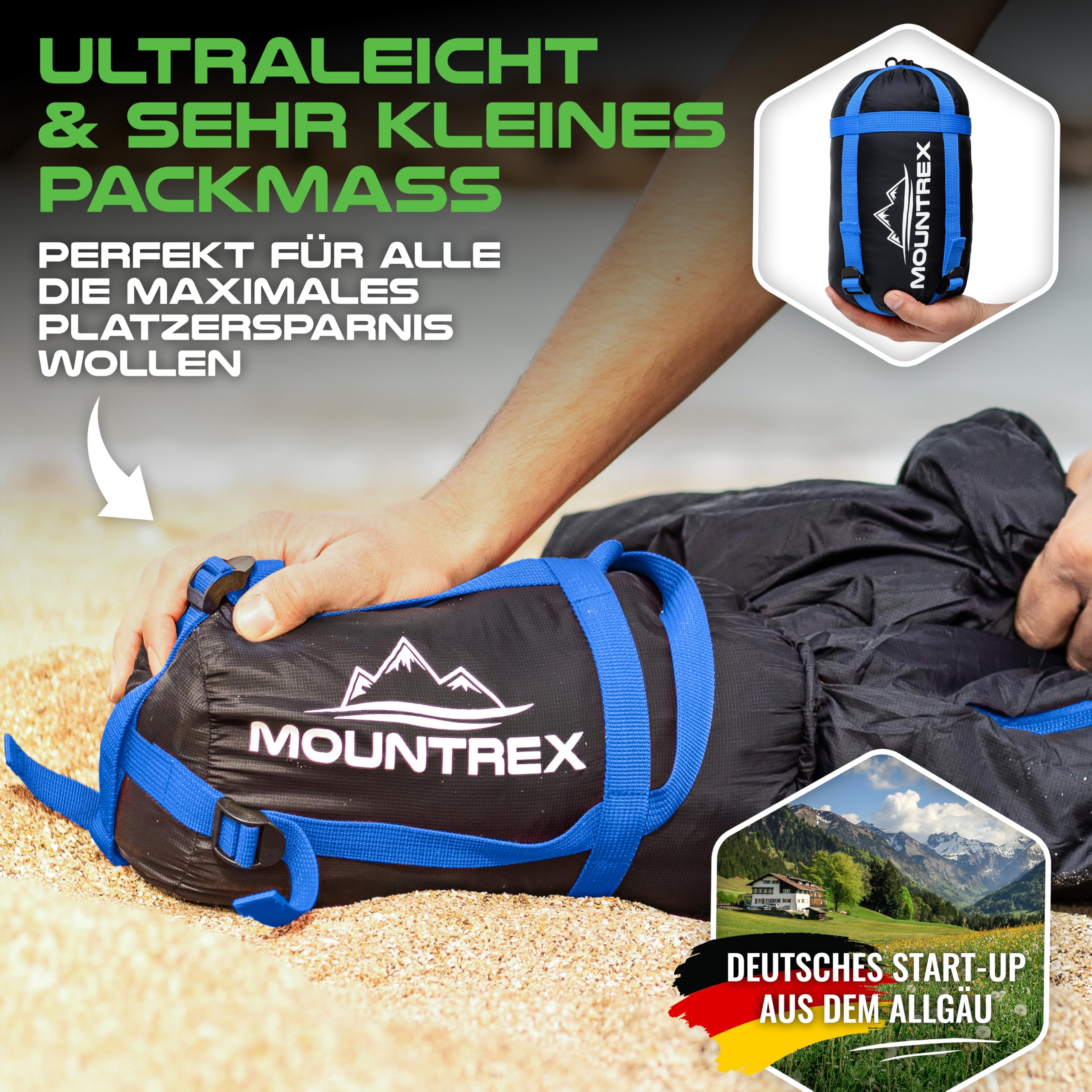 MOUNTREX Śpiwór zimowy i letni – mały rozmiar po spakowaniu i ultralekki (760 g/1500 g) – outdoorowy śpiwór na kemping