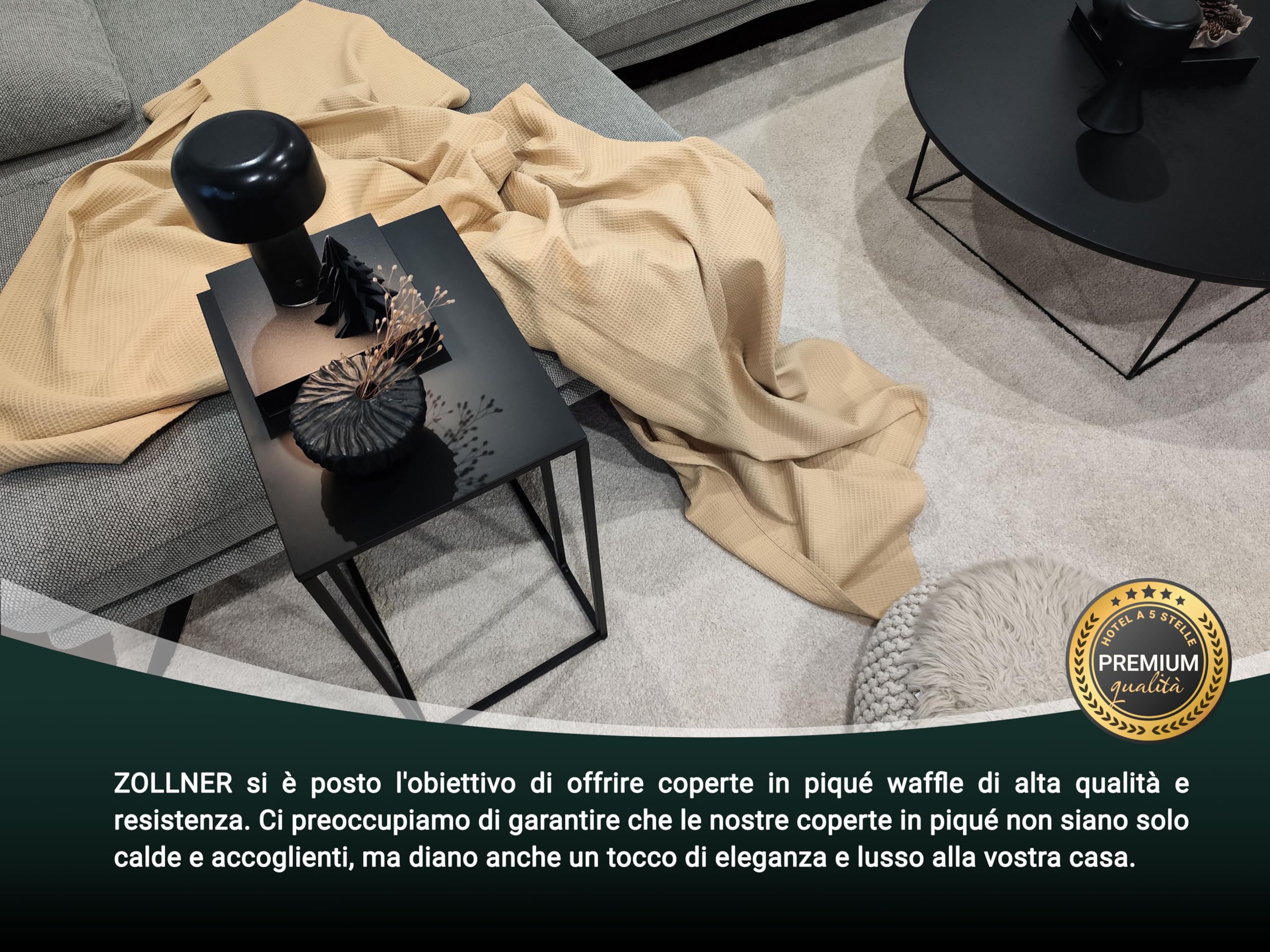 ZOLLNER Coperta da divano in 150x200 cm - beige - plaid traspirante - lavabile a 60°C - design in piquè moderno - qualità alberghiera - certificato OEKO TEX (R)