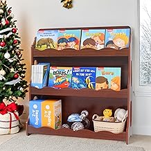 Kids Book Shelf Wooden Montessori Bookshelf Dutch Design 3Tier Scalloped,WalnutWood Pattern - Buy now