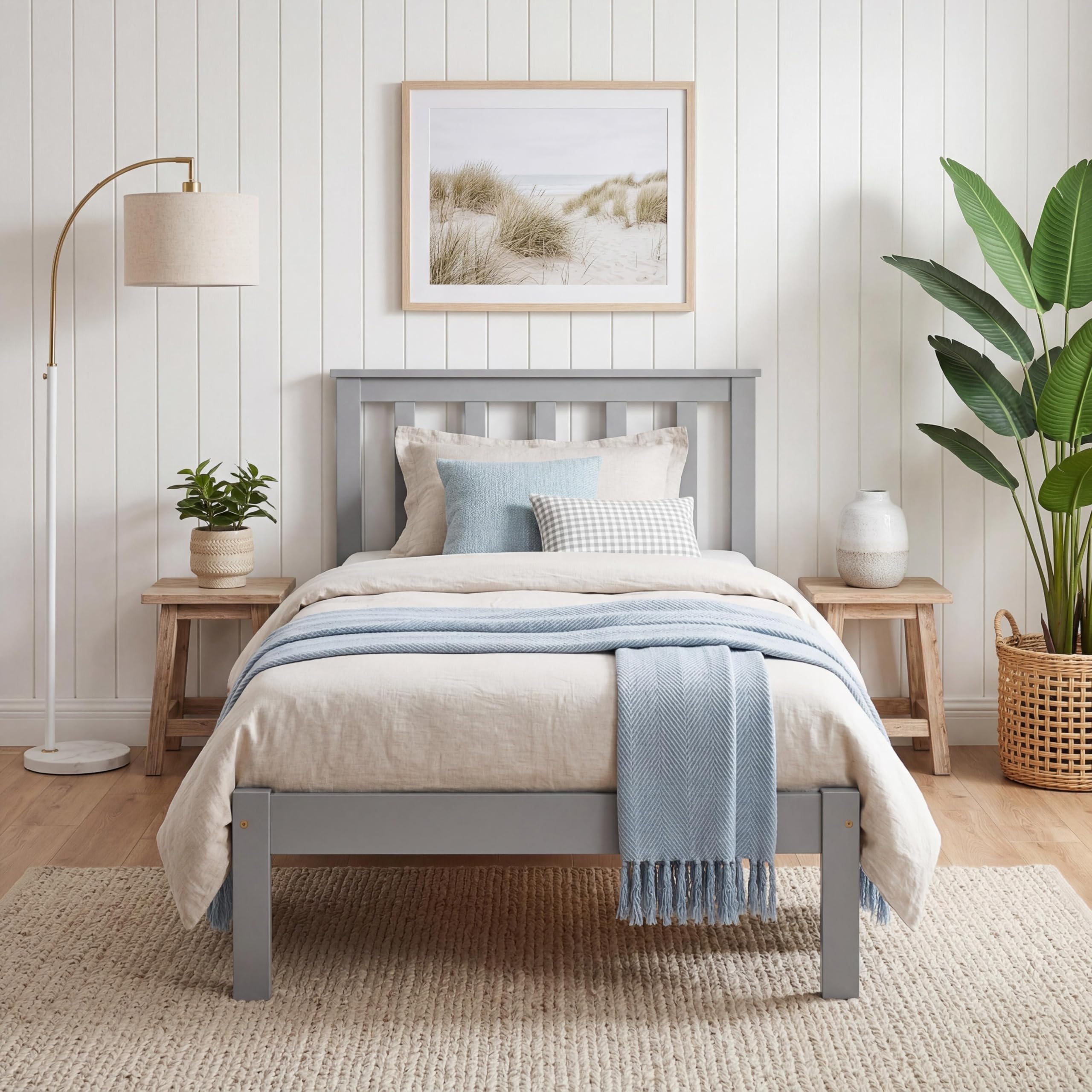 Panana Single bed in Grey, Wooden Bed Frame with headboard, Solid Wood 3ft Bed Frame, 90x190cm (All Grey)