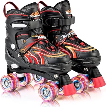 Kuxuan Skates Boys and Girls Flame Pattern Adjustable Roller Skates with Light-Up Wheels for Kids, Girls, and Youth Rollerskates