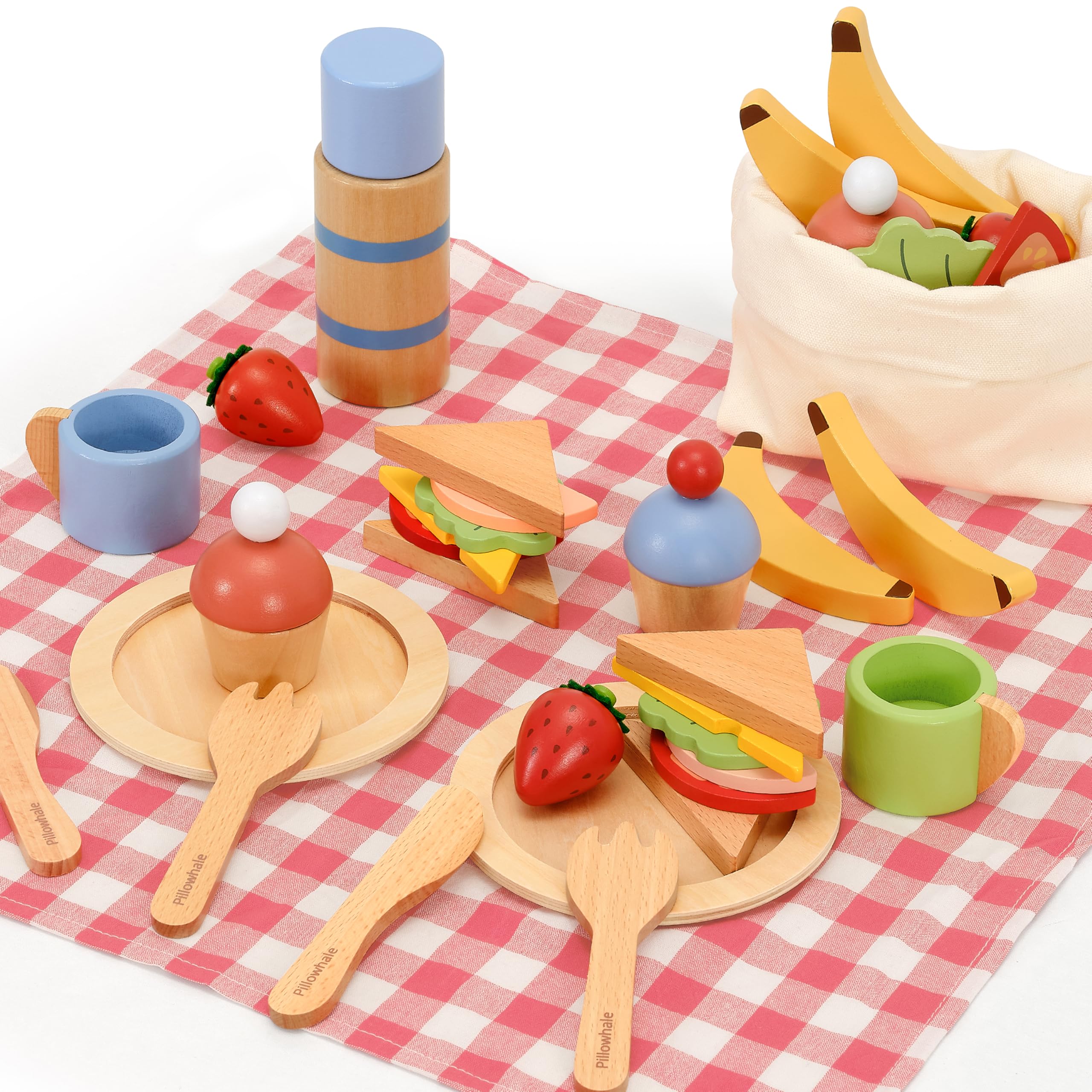 Juego de picnic de madera para niños, 30 piezas de juguete de comida con termos, sándwiches, frutas, utensilios, bolsa de transporte de lona y manta, accesorios de cocina de juego de