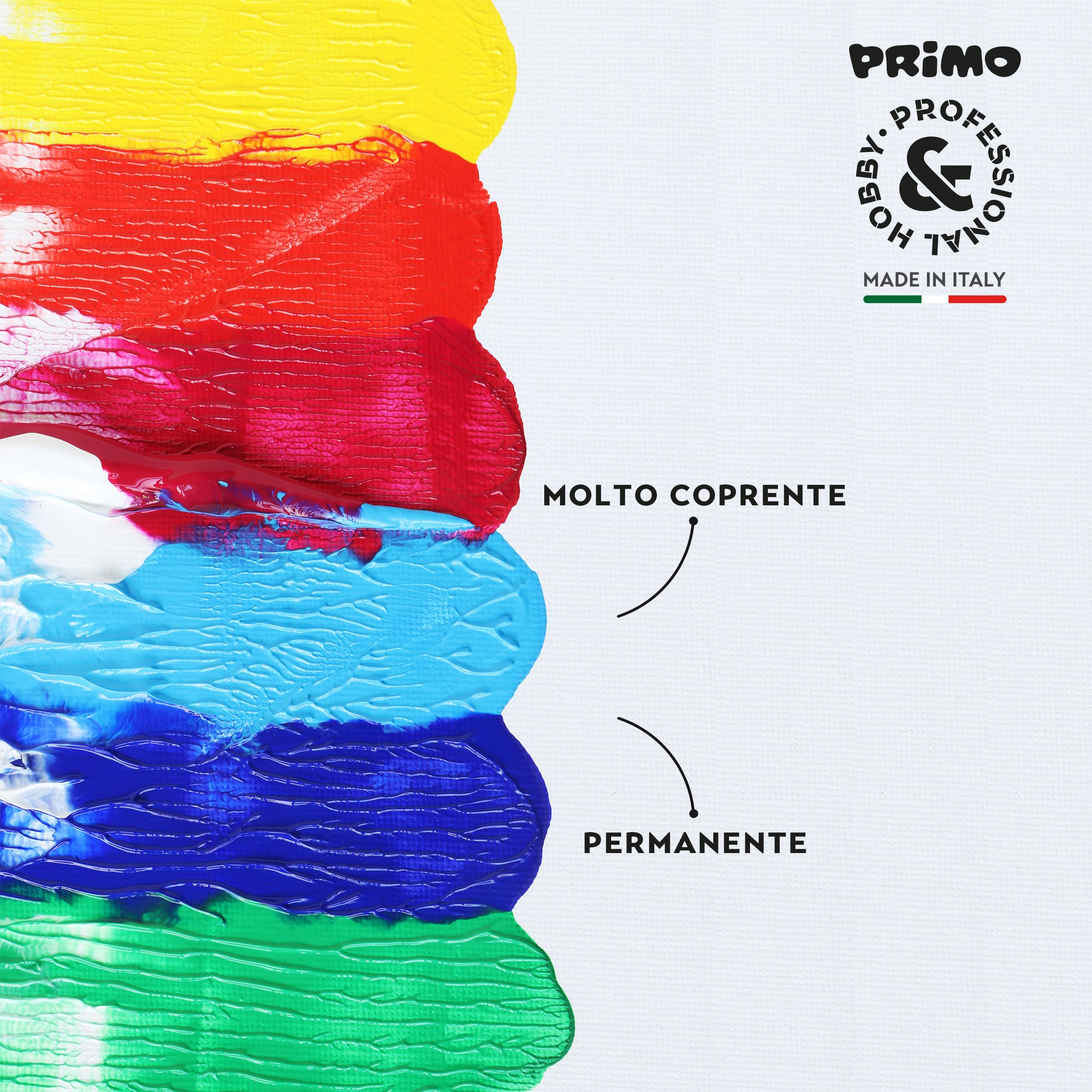 PRIMO Hobby & Professional - Box 15 Colori Acrilici per Dipingere 75ml Artisti +14Anni 5 Pennelli + 1 Pasta Strutturante + 2 Cartoncini Tele Colori per Tessuti Permanenti Lavoretti Creativi Cartoleria