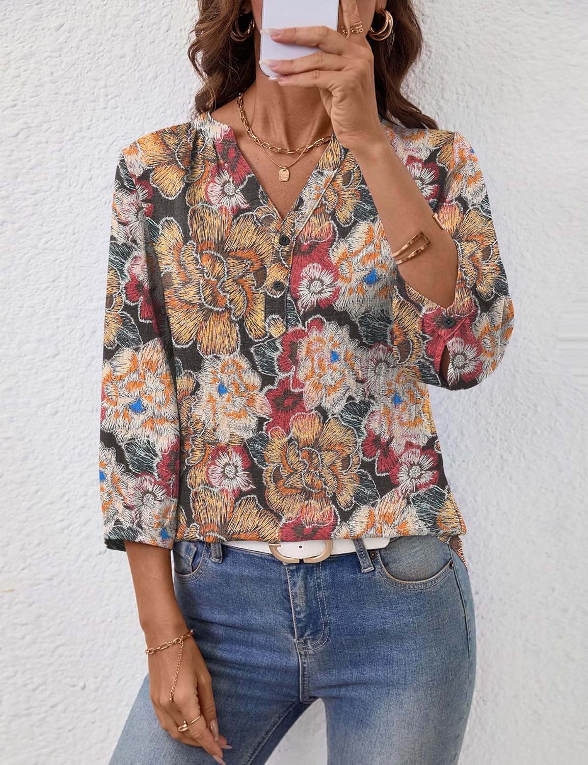 LOMON Womens Tops Dressy 3/4 Length Sleeve Henley V Neck Button Down Shirts Pleated Blouses S-XXL - Image 4