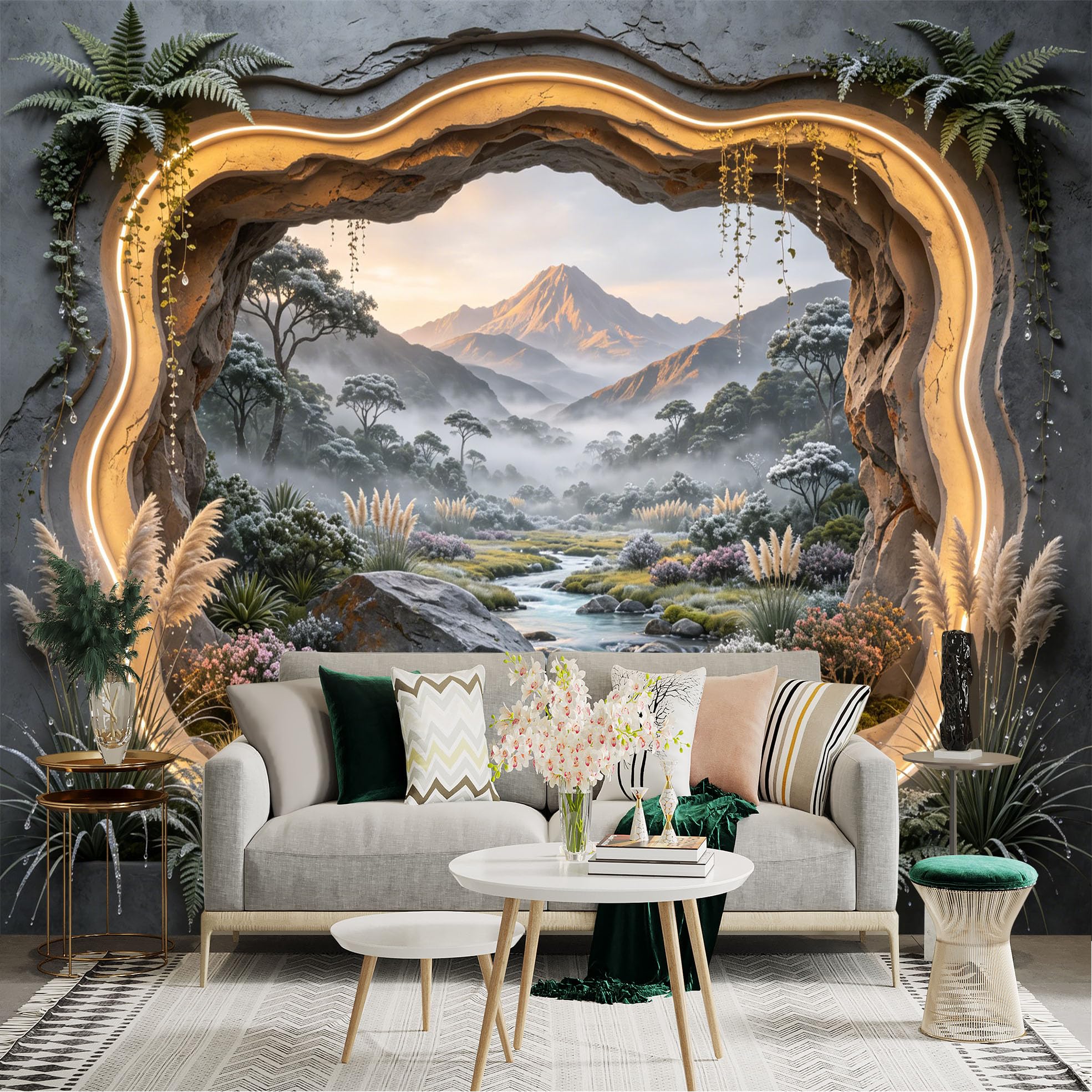 Custom Size Wall Sticker Mural， Mountain River Landscape with Misty Valley and Nature View Window， for wall Decoration， peelandstick wall Decals.