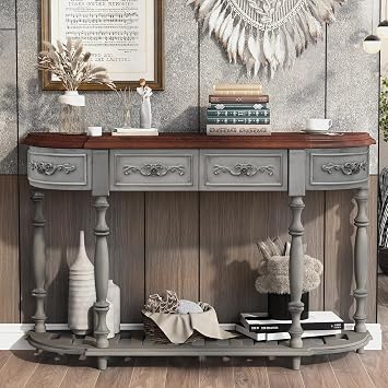 52 Curved Half Moon Entryway Console Table with Storage, Antique Gray