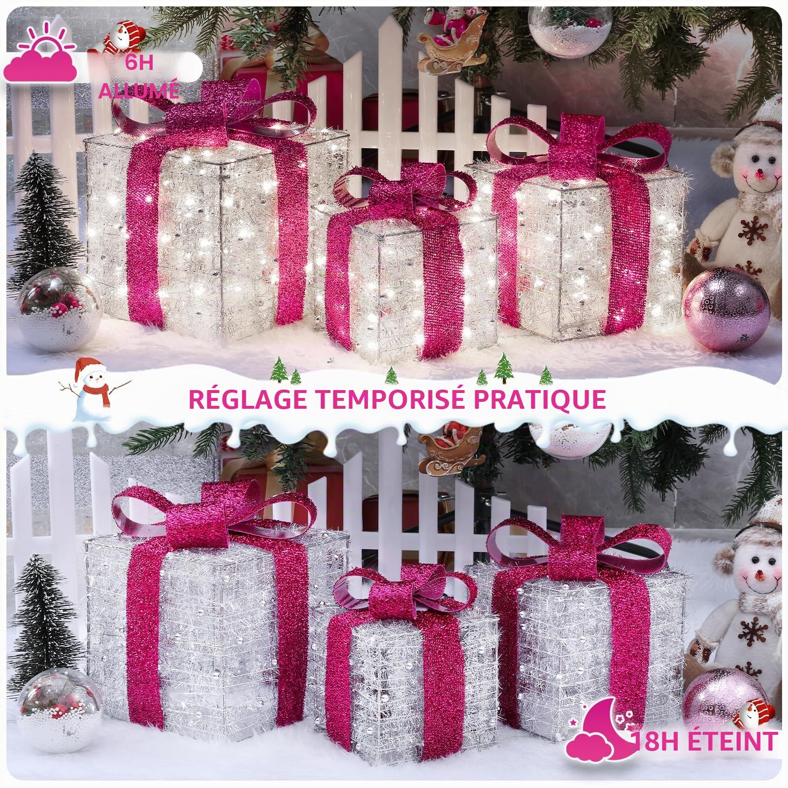 Quntis Cadeau Lumineux Noël 140 LEDs, 3Pcs Boîtes cadeaux Lumineuses avec Nœuds Rose, Coffret Cadeau Décoration Noël avec Guirlande Lumineuse Blanc Chaud, Déco Noël Intérieur pour Maison Arbre de Noël