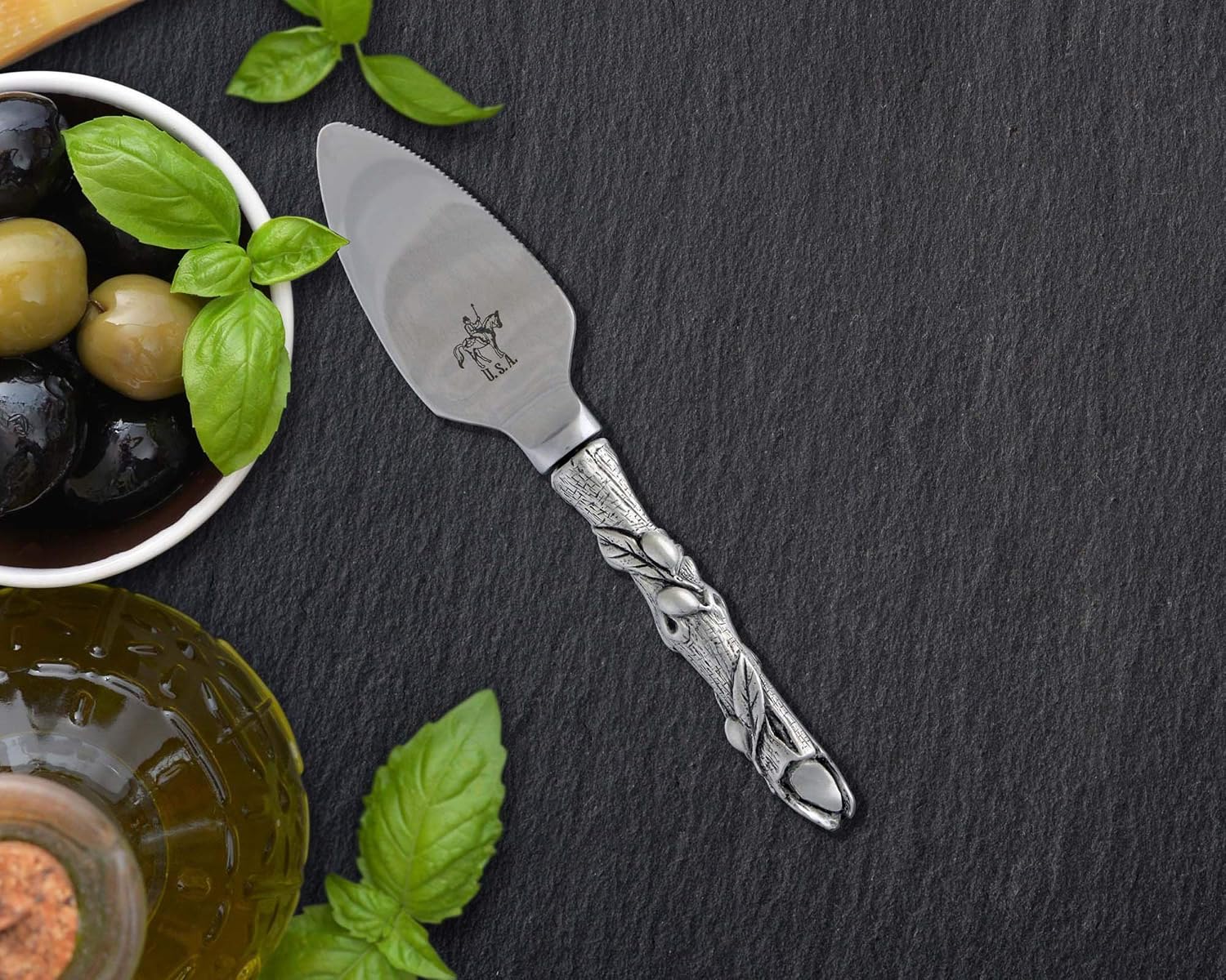Vagabond House Cheese Triangle with Pewter Olive Pattern Handle 7 inch Long