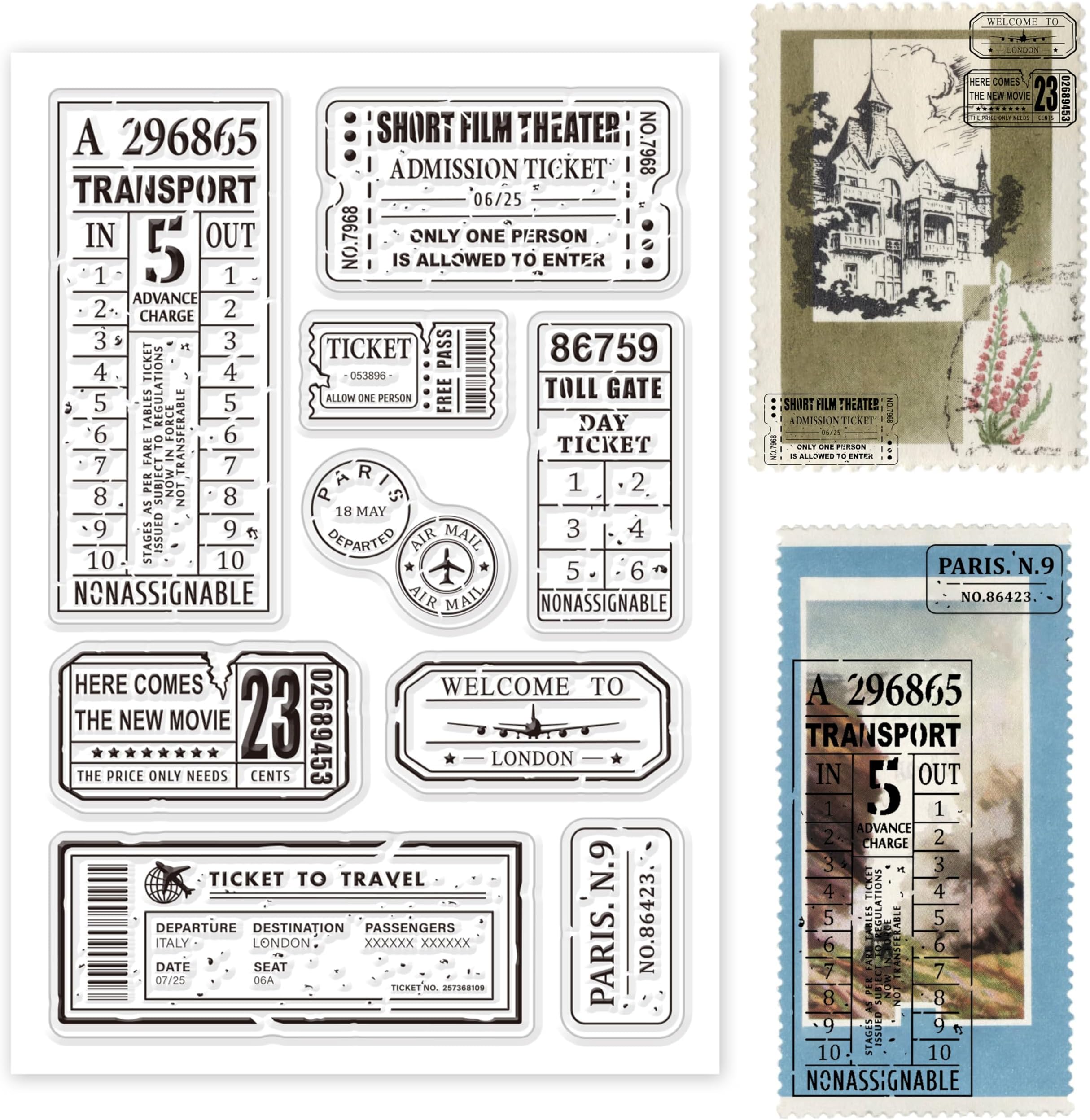 GLOBLELAND Retro Air Travel and Movie Ticket Silicone Clear Stamps Transparent Stamps for Christmas Birthday Valentine's Day Cards Making DIY Scrapbooking Photo Album Decoration Paper Craft