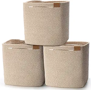 L2 Storage Cubes 11 Inch Cube Storage Bins, Woven Storage Basket for Organizing, 3 Pack Cotton Rope Baskets for Shelves, Closet Organizer, Classroom Kids Toy Bin, Baby Nursery, Brown