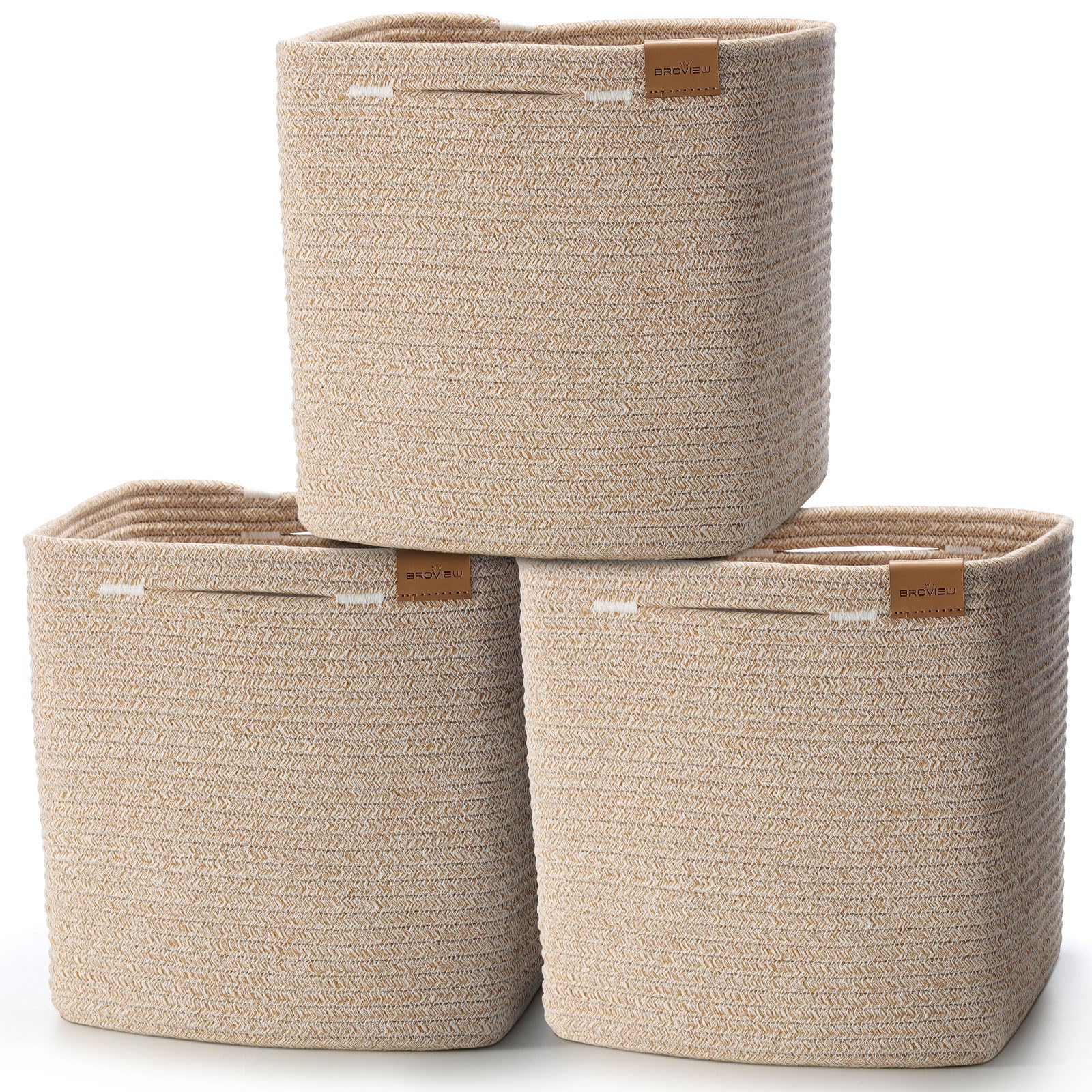 BROVIEW L2 Storage Cubes 11 Inch Cube Storage Bins, Woven Storage Basket for Organizing, 3 Pack Cotton Rope Baskets for Shelves, Closet Organizer, Classroom Kids Toy Bin, Baby Nursery, Brown