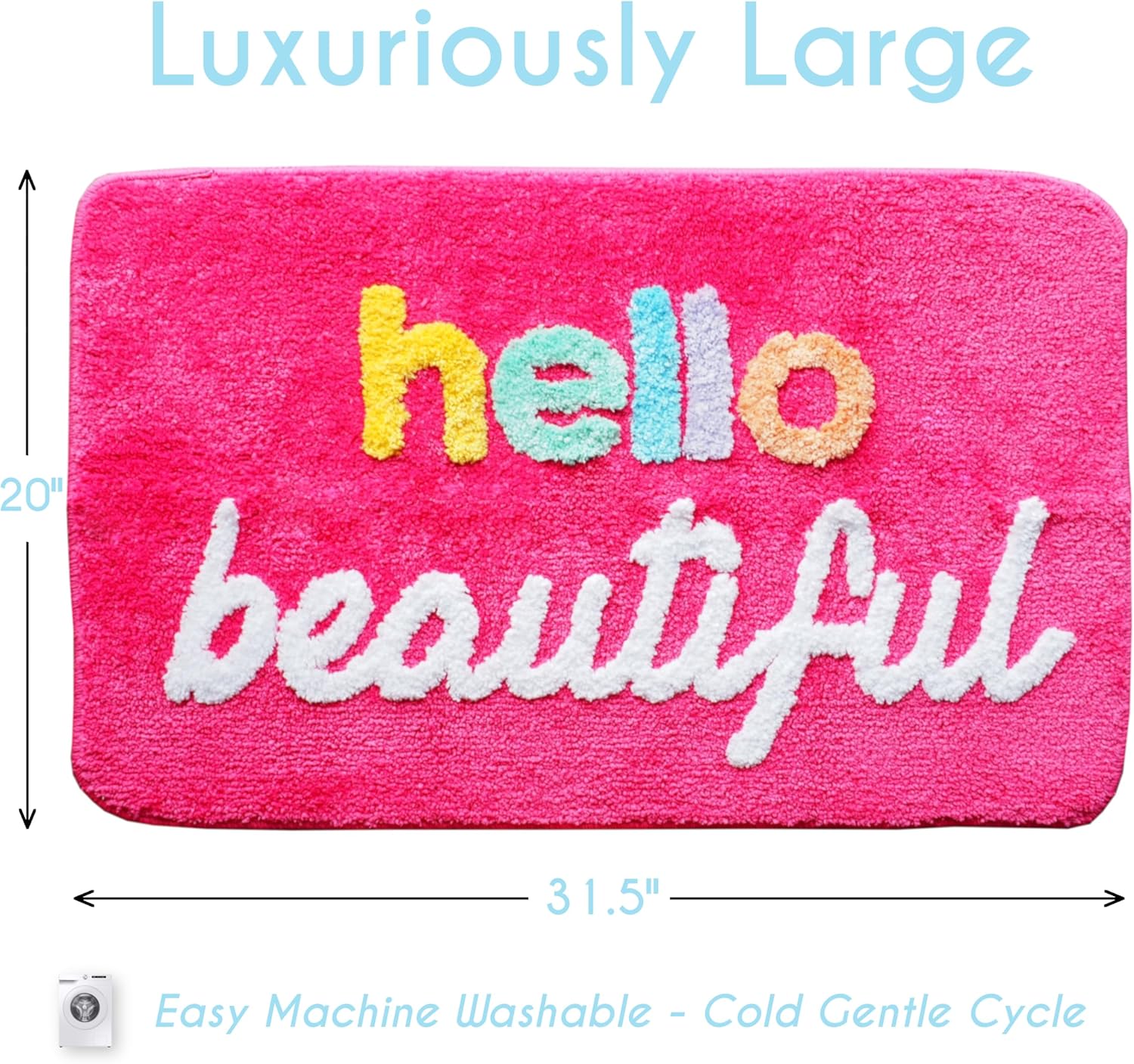 Evovee Hello Beautiful Bath Mat Cute Bathroom Rugs for Girls You Look Good Gorgeous Funny Shower Fun Bathroom Decor Non-Slip Washable Kids Women Dark Hot Pink Magenta Rainbow Colorful