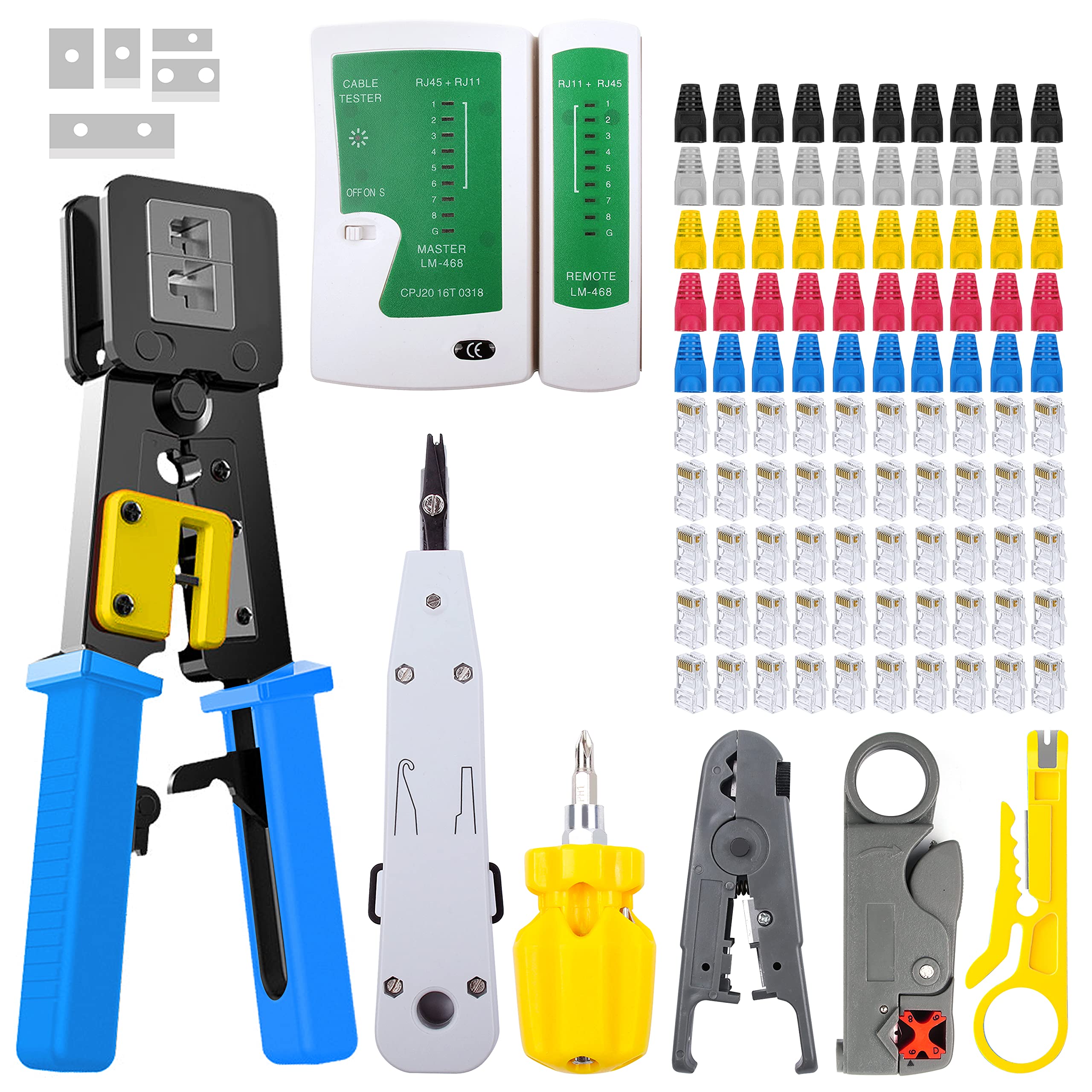 Passthrough Crimping tool Kit,Yangoutool RJ45 Crimping Tool and Network Cable Repair Maintenance Tool Set Works for RJ45/RJ11/RJ12/CAT5/CAT6/Cat5e