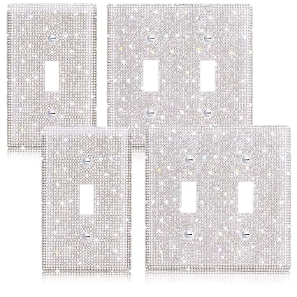 4 Pieces Wall Plate Cover Shiny Bling Light Switch Cover Crystal Rhinestones light Switch Plate for Light Switches Classy Single and Double Gang Toggle Light Covers for Wall (Silver)