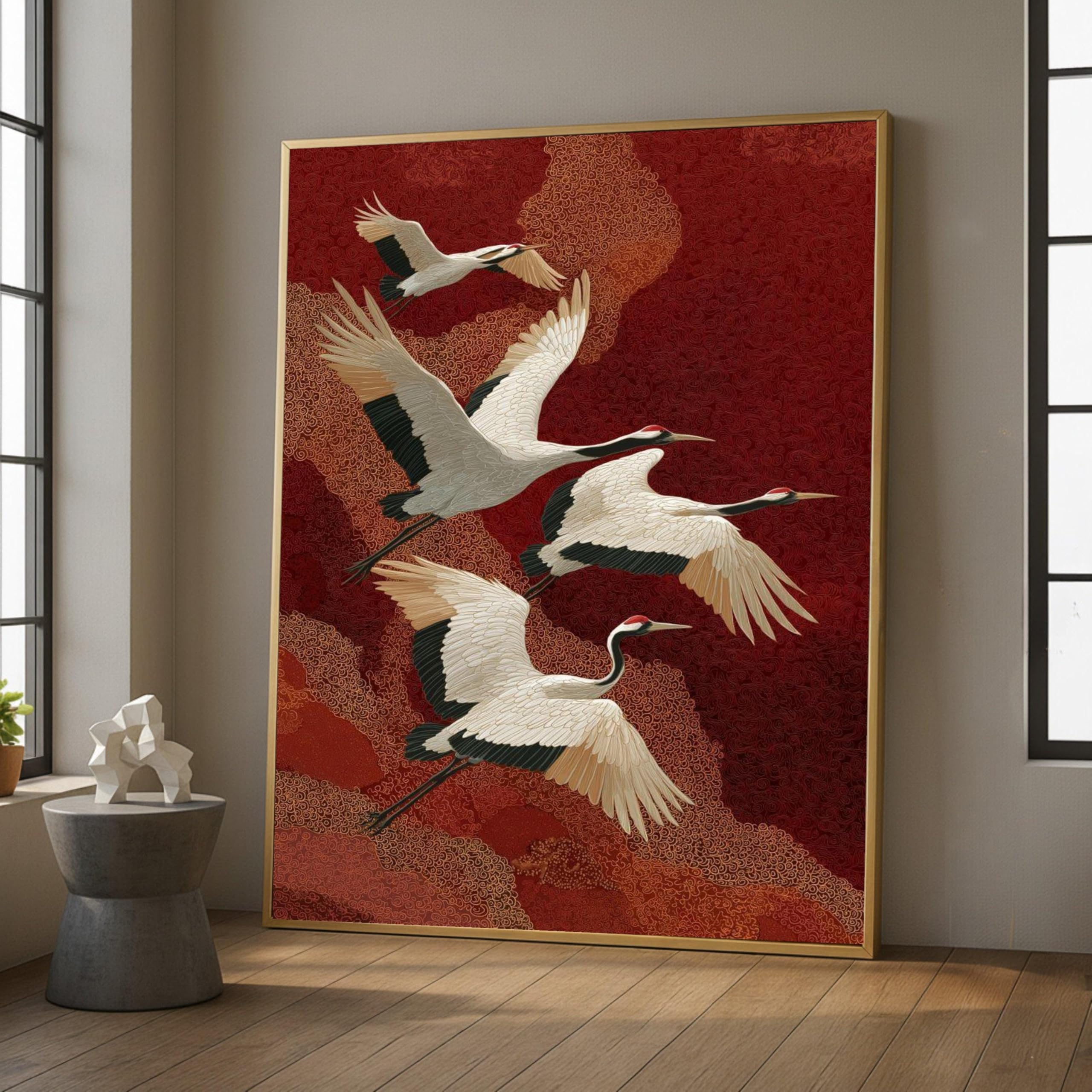 LMYCHENG Flying Cranes Canvas Art Wall Pictures, Red and Gold Bird Illustration Posters and Prints, Vintage Flying Bird Painting(50x70cm/Frameless)