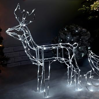WeRChristmas Pre-Lit Animated Multi-Function Reindeer and Sleigh Silhouette, 80 cm - Bright White