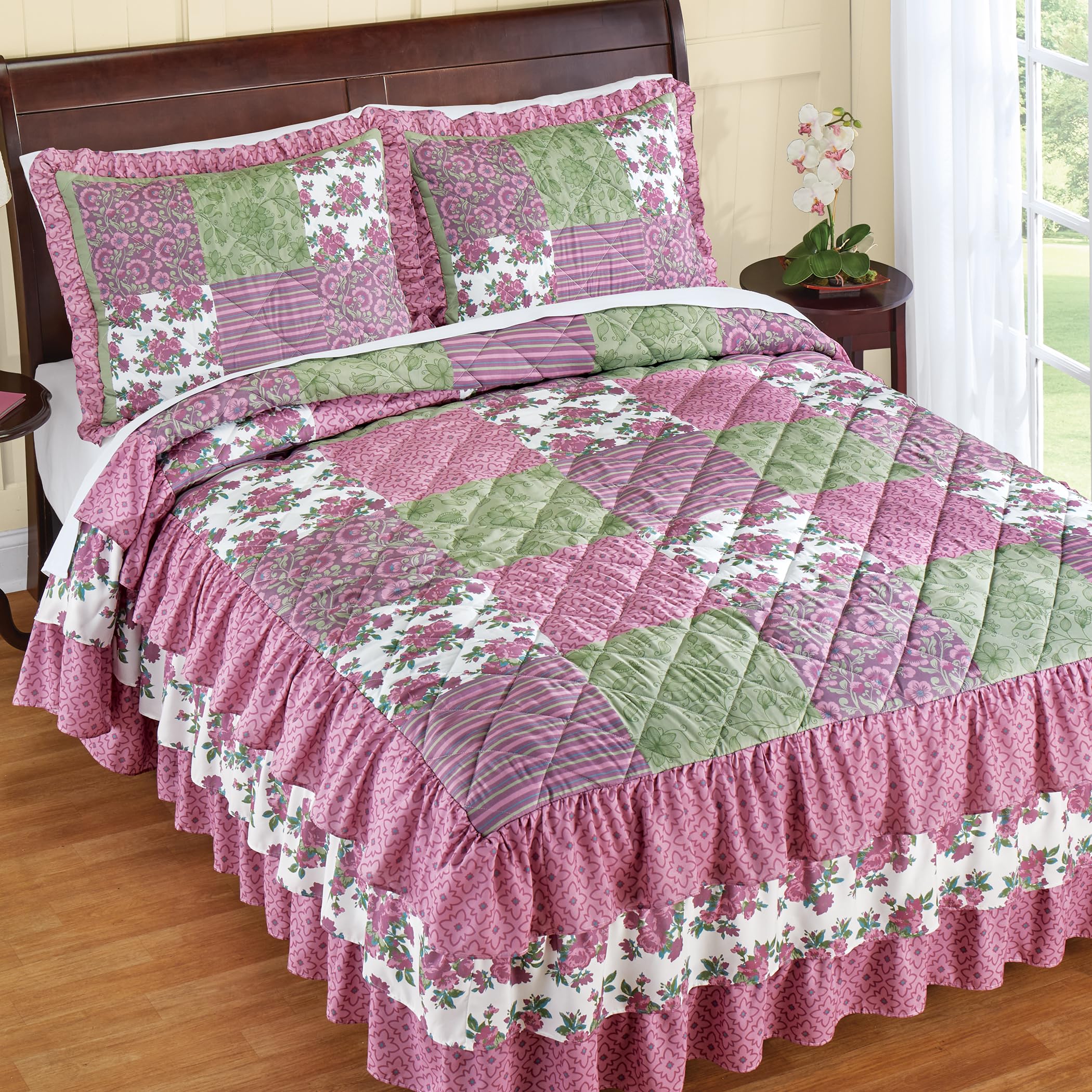 Collections Etc Spring Patchwork-Style Tiered Ruffled Quilted Bedspread