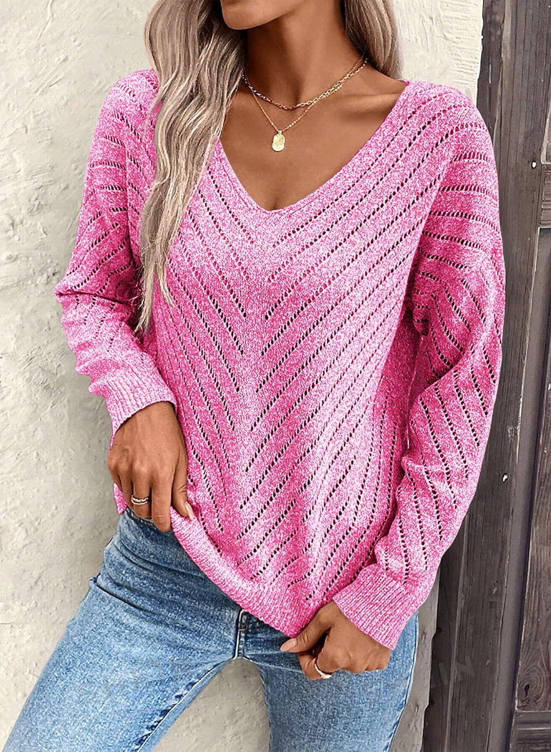 Lightweight Sweaters for Women 2026 Spring Long Sleeve V Neck Hollow Out Crochet Pullover Knit Tops Daily Wear - Image 5