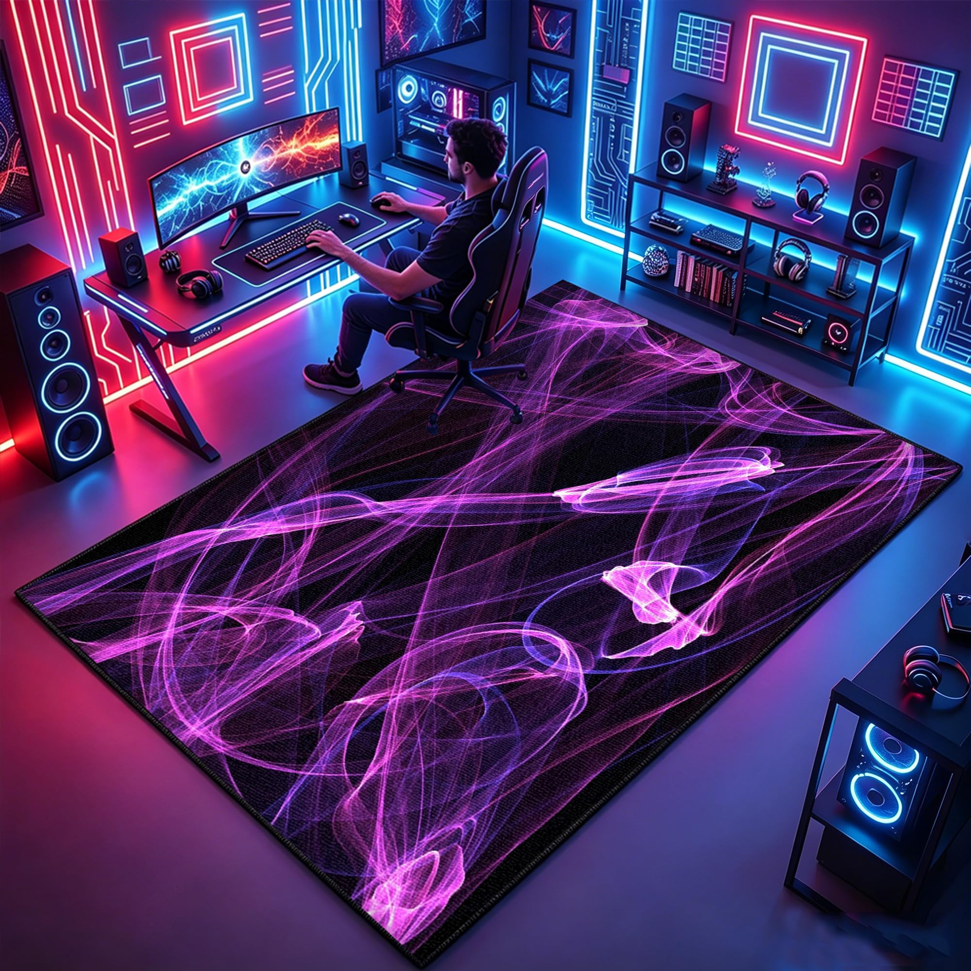Tappeto Camera Da Letto Ragazzo Bambini 80 x 120 cm Tappeto Con Controller Di Gioco, Gaming Pavimento Antiscivolo, Zone Game 3D, Decorative Stanza Per Soggiorno Stanza Dei Giochi Scrivania E Sedia