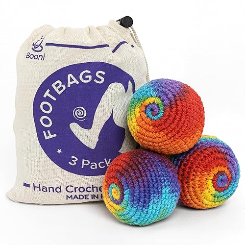 BOONI Handmade Crocheted Footbag- Pack of 3 - Durable Woven Cotton Kick Ball for Style Games, Juggling, Tricks & Outdoor Games - Great as Stress Relief Fidget Toys- Made in Nepal