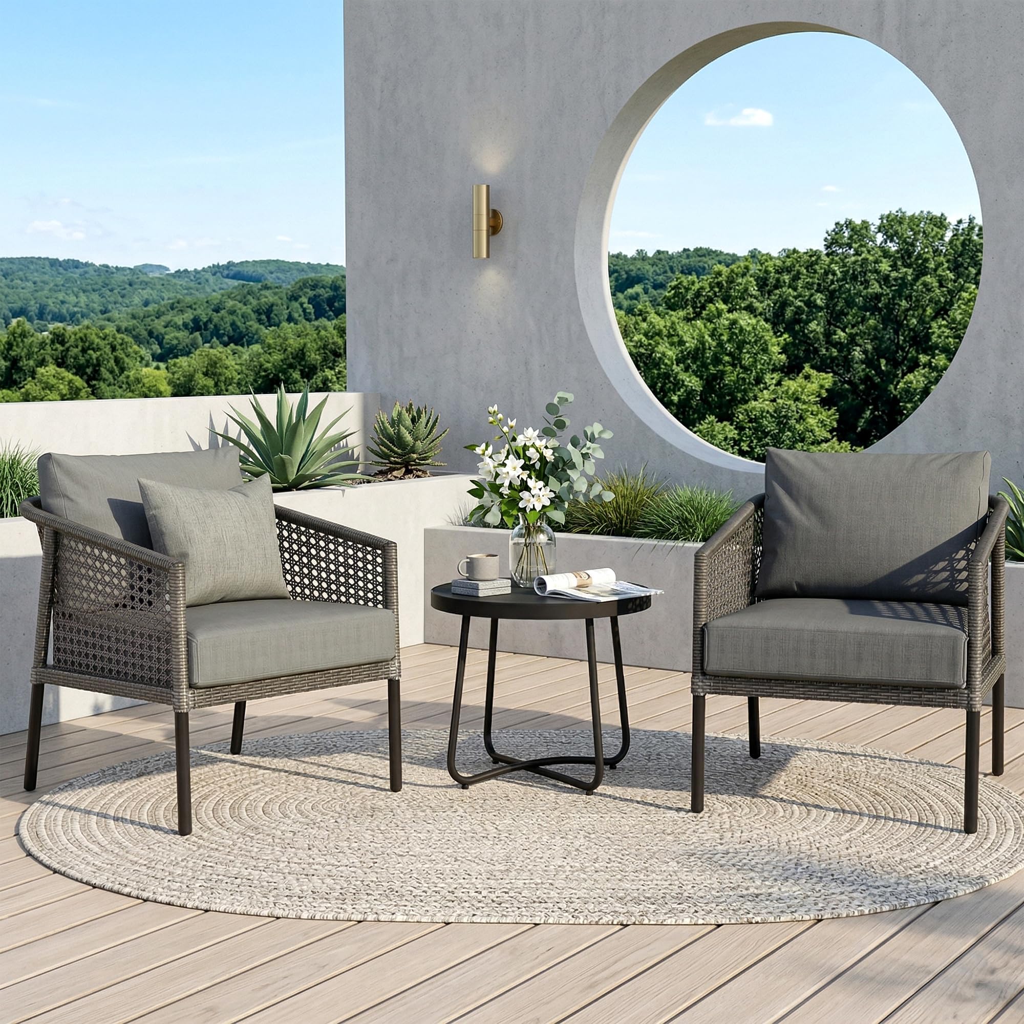 BRISHI Rattan & Wicker Garden Patio Seating Chair And Table Set Outdoor Balcony Garden Coffee Table Set Furniture And 2 Chairs 1 Table Set With Cushion (Grey), 64 Centimeters, 70 CM, 67 CM