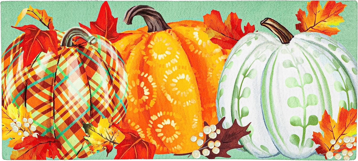 Evergreen Flag Seasonal Sassafras Interchangeable Mat and Tray, Painted Fall Pumpkins