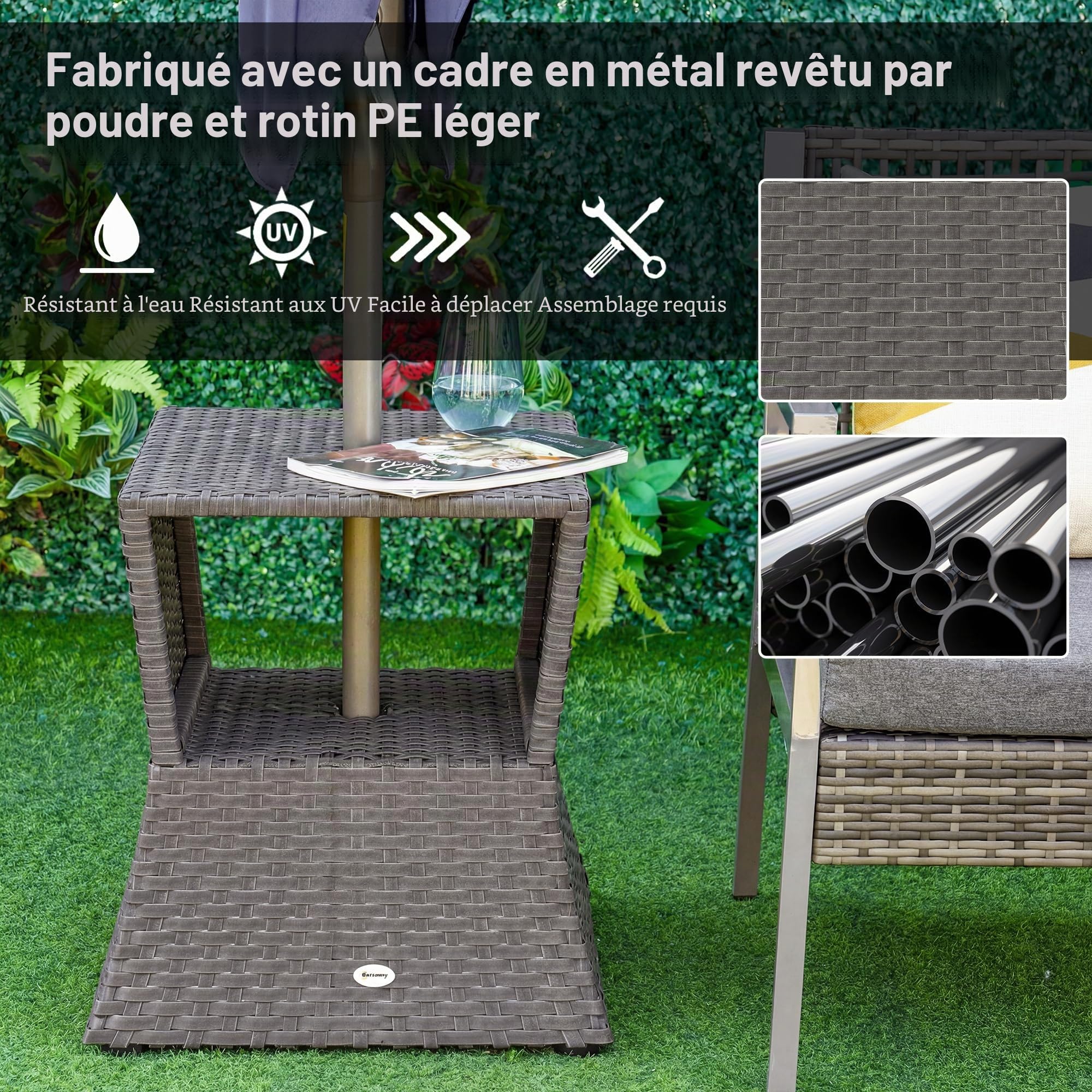 Table basse d'extérieur en rotin Outsunny, table d'appoint de jardin en osier avec trou pour parasol et espace de rangement pour balcon, porche, gris foncé