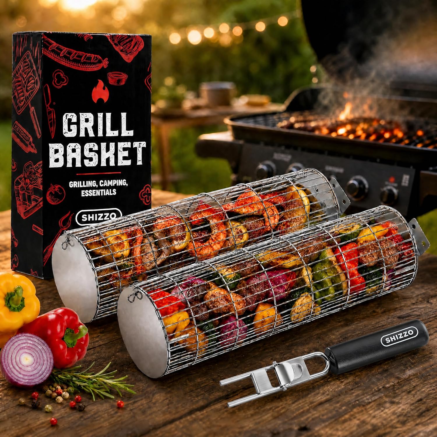 Cestino da Griglia Rotante, Nuovo Design di Apertura, Cestino da Griglia Extra Robusto a Cilindro, Acciaio Inox di Qualità Alimentare, Grande Accessorio Portatile per Campeggio all'aperto, Griglia per