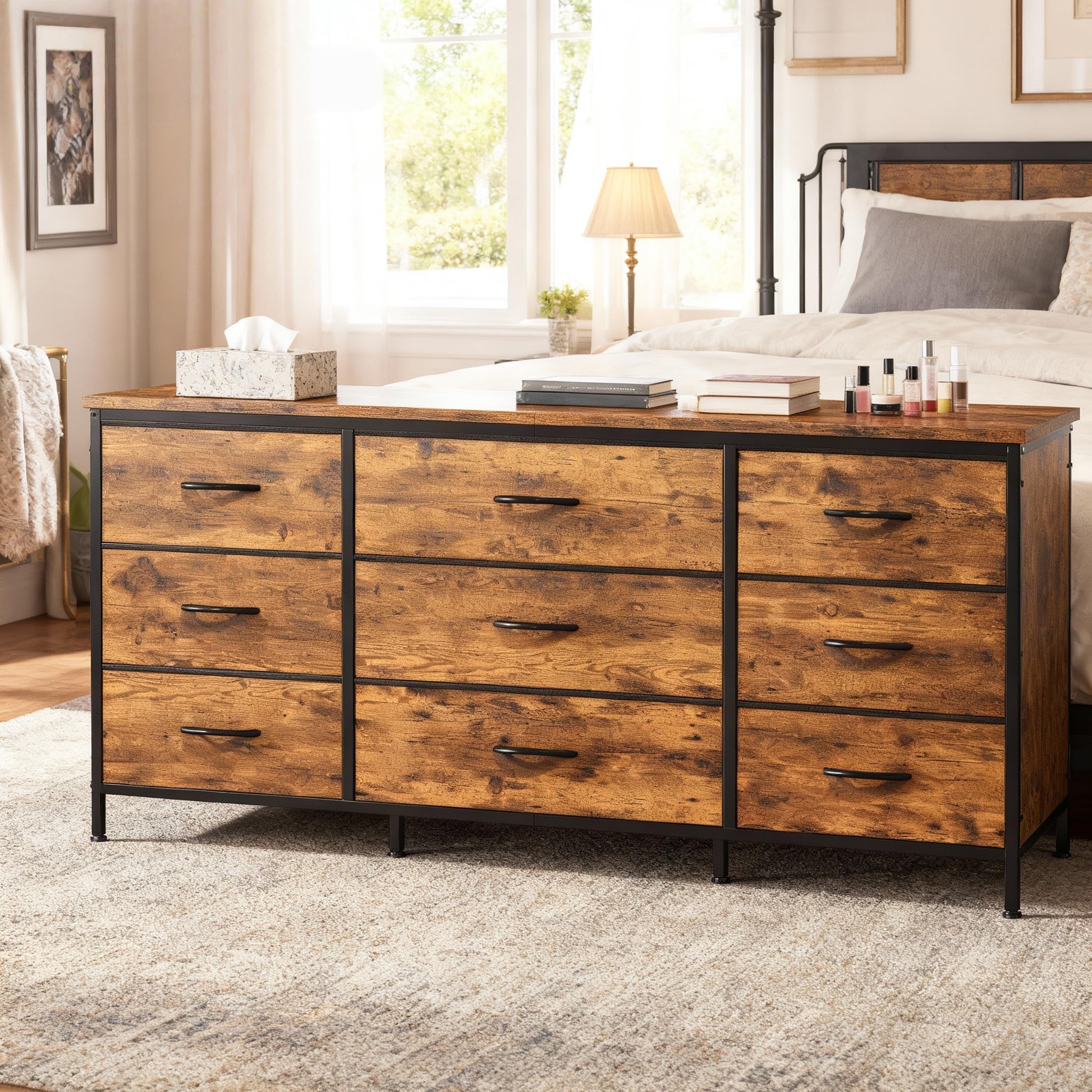 EnHomee TV Stand with 9 Wide Drawer Dresser, 47 inch Long Dresser for Bedroom, Sturdy Metal Frame, Hallway, Entryway, Dorm, Rustic Brown