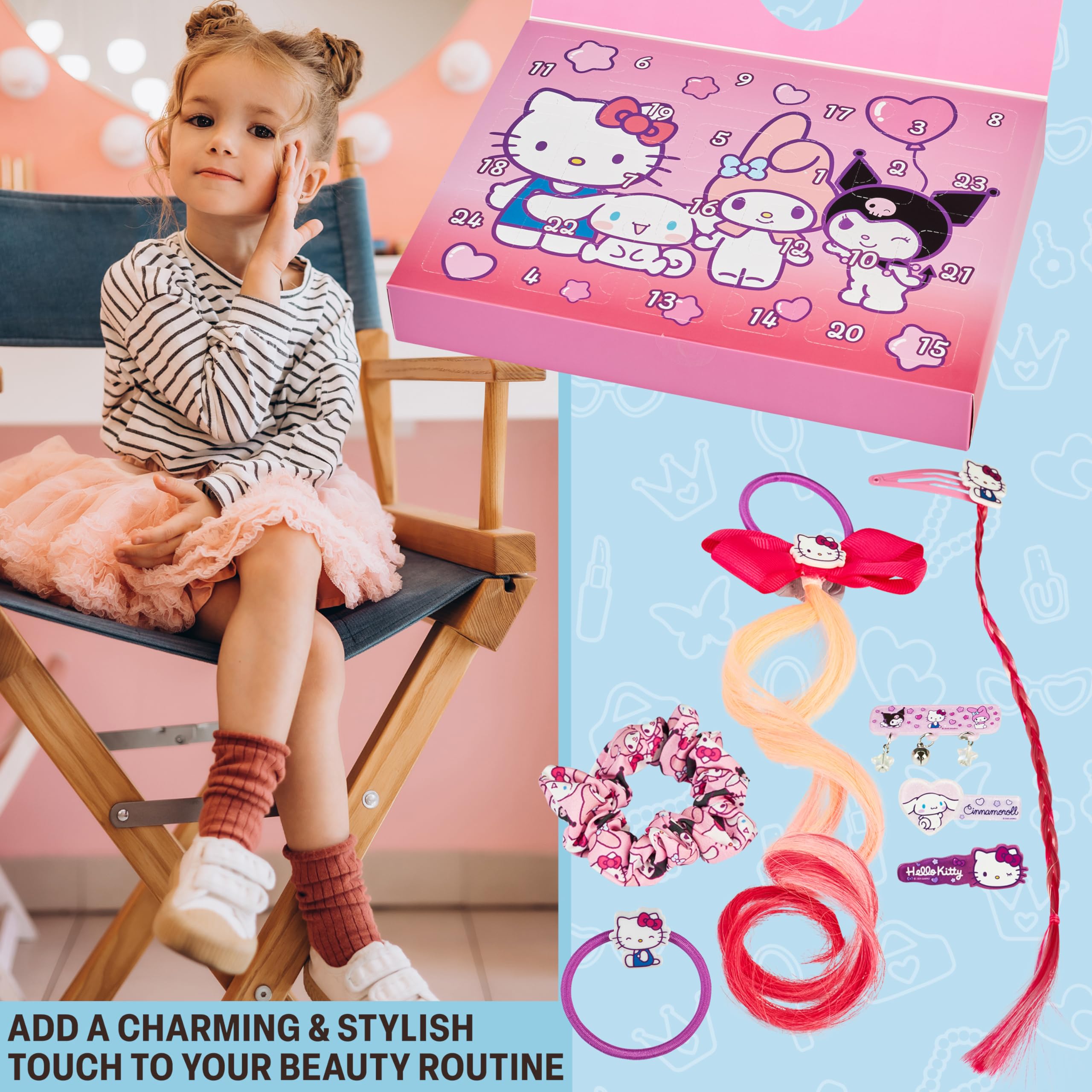 Hello Kitty Sanrio Advent Calendar 2025 Girls, Hair Accessories & Jewellery Christmas Countdown, Hair Clips Scrunchies - Image 2